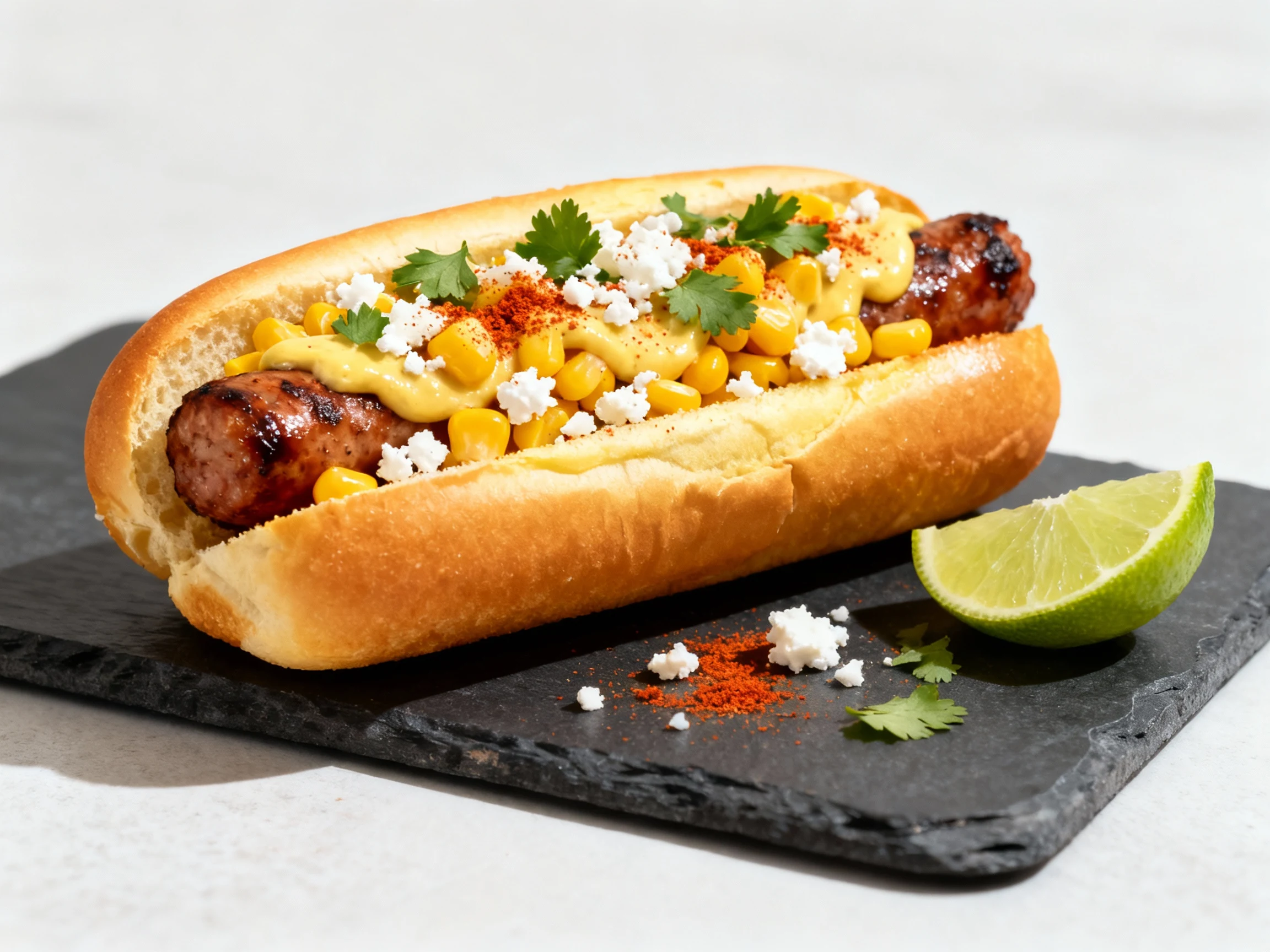Food photography, Three-quarter angle of an Elote Street Dog: seared dog in a golden butter-toasted bun topped with corn