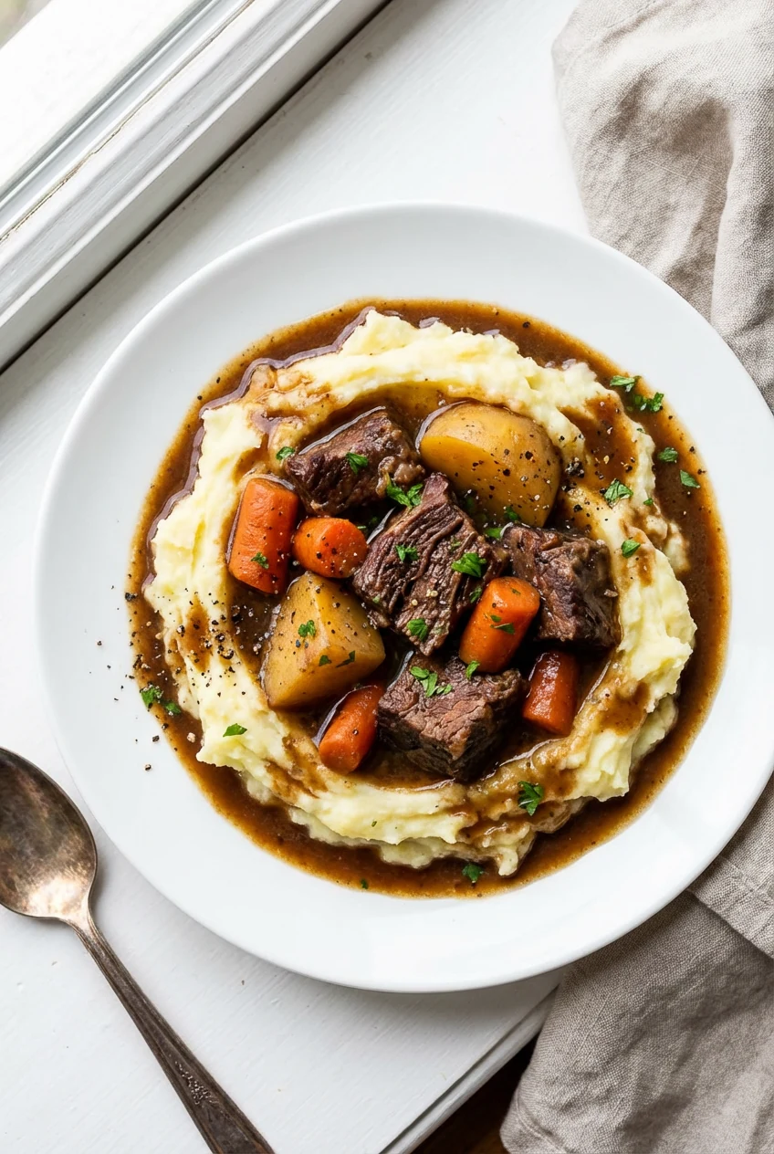 Top-down view of beef stew ladled over buttery mashed potatoes—fall-apart beef cubes, carrots and potatoes nestled, grav