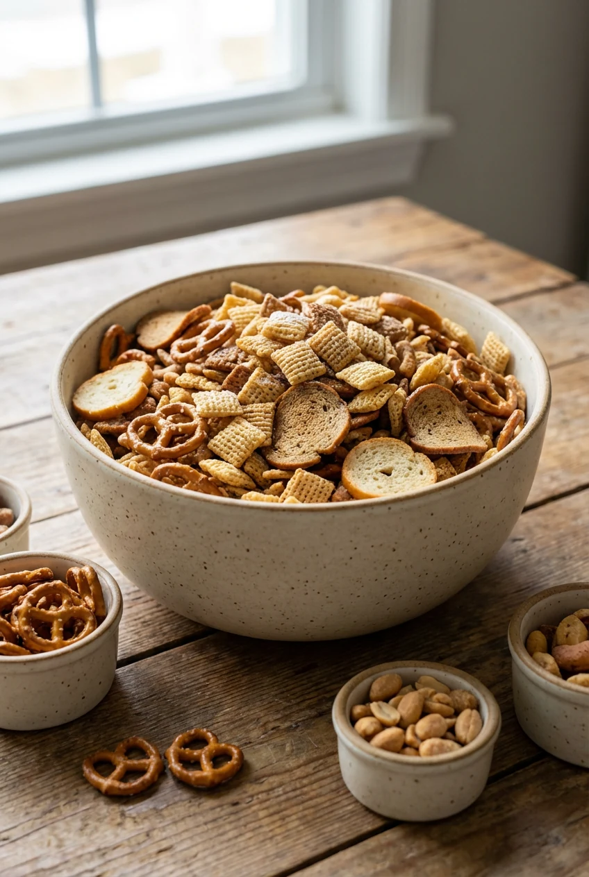 Beautifully presented party bowl of original Chex mix with a light sprinkle of seasoned salt to finish, served in a matt
