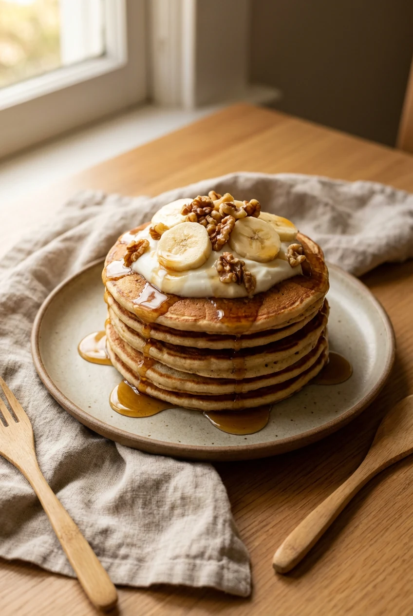 Final dish presentation: tall stack of banana pancakes topped with glossy maple syrup, a generous dollop of Greek yogurt
