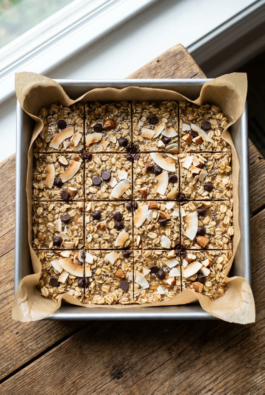 Overhead of sliced no-bake protein oat crunch bars in a parchment-lined 8x8 pan; visible oats, chia flecks, dark chocola