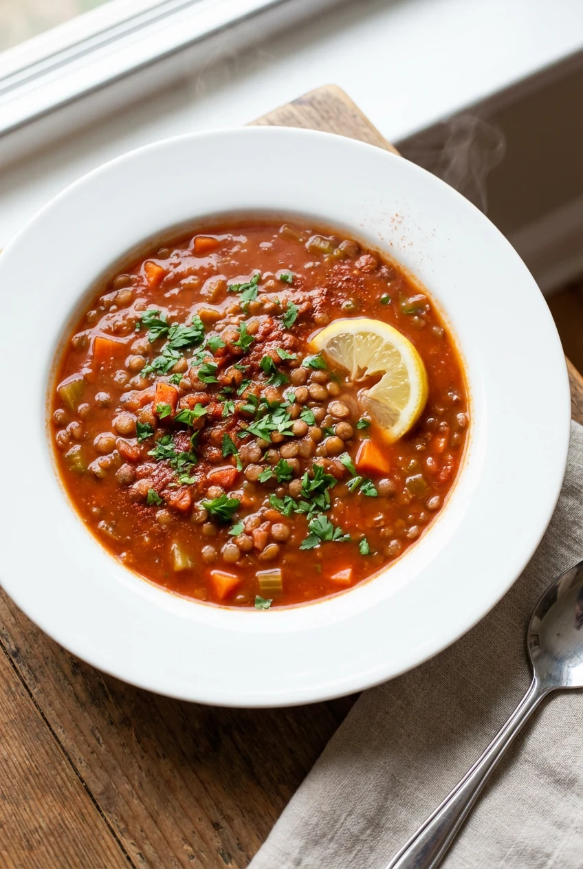 4. Final plated dish: brothy version of the lentil stew in a wide white bowl, finished with fresh lemon juice, chopped p
