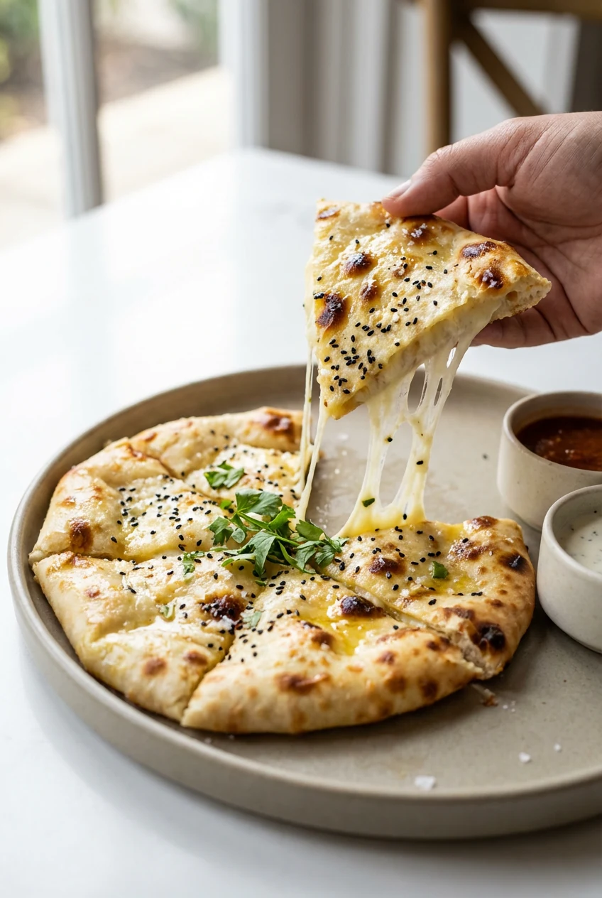 Final presentation: cheese-stuffed flatbread cut into wedges on a matte plate, molten mozzarella stretch, crisp golden e