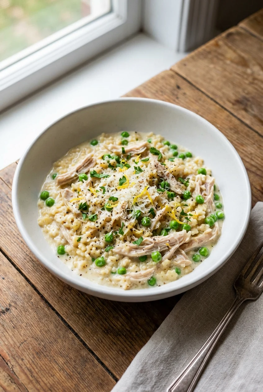 Final dish presentation: Chicken & Peas pastina, rotisserie chicken shreds and vibrant peas nestled in creamy sauce; top