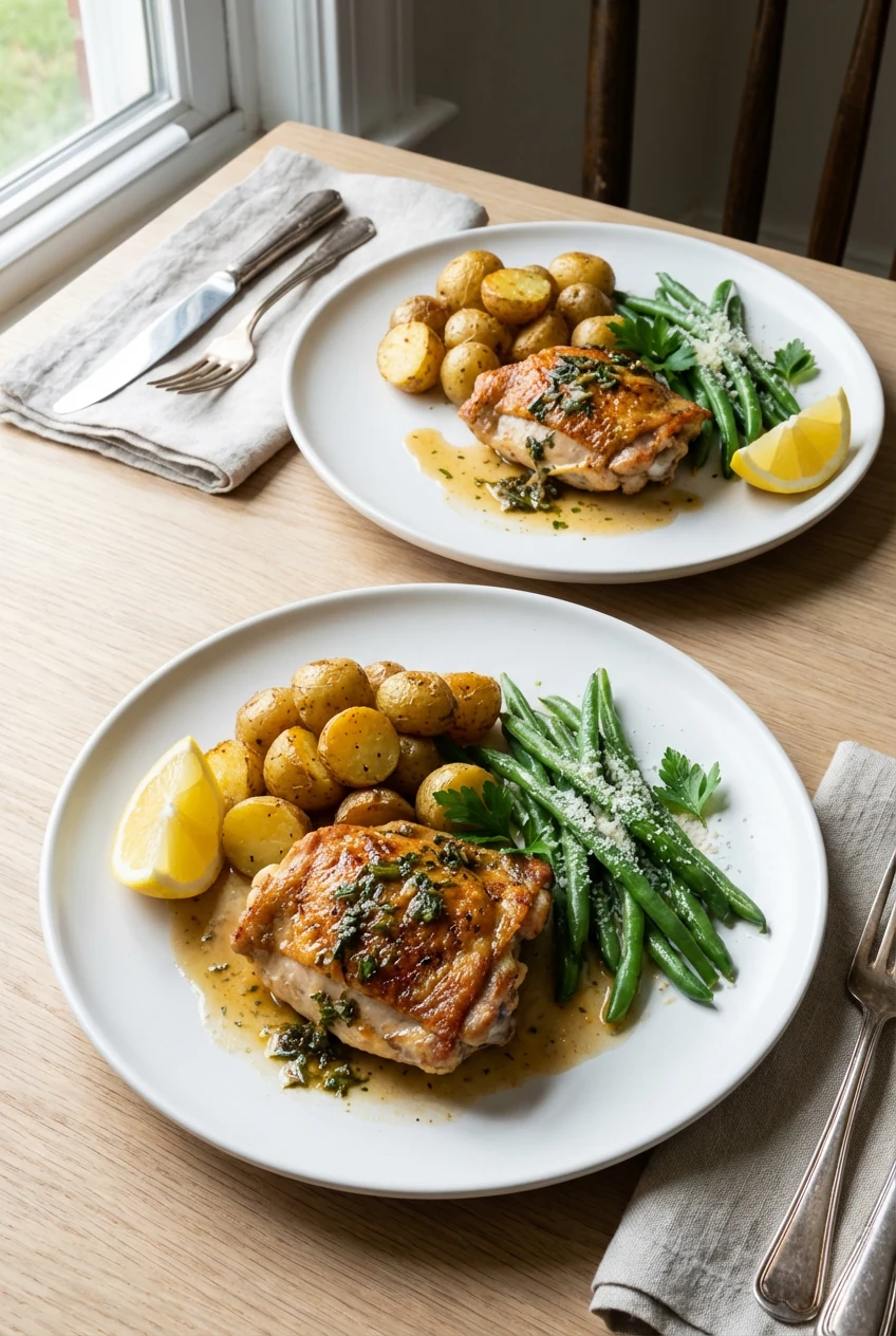 Beautifully plated final dish for two: juicy chicken thighs with pan juices spooned over, crisp-tender green beans and g