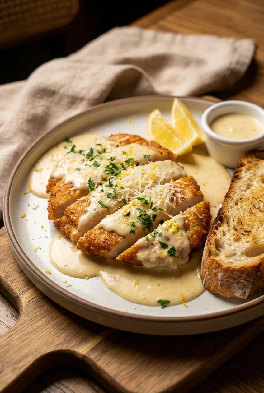 Beautifully plated creamy chicken, final dish; extra sauce drizzled over cutlets, bright lemon finish, finely grated Par