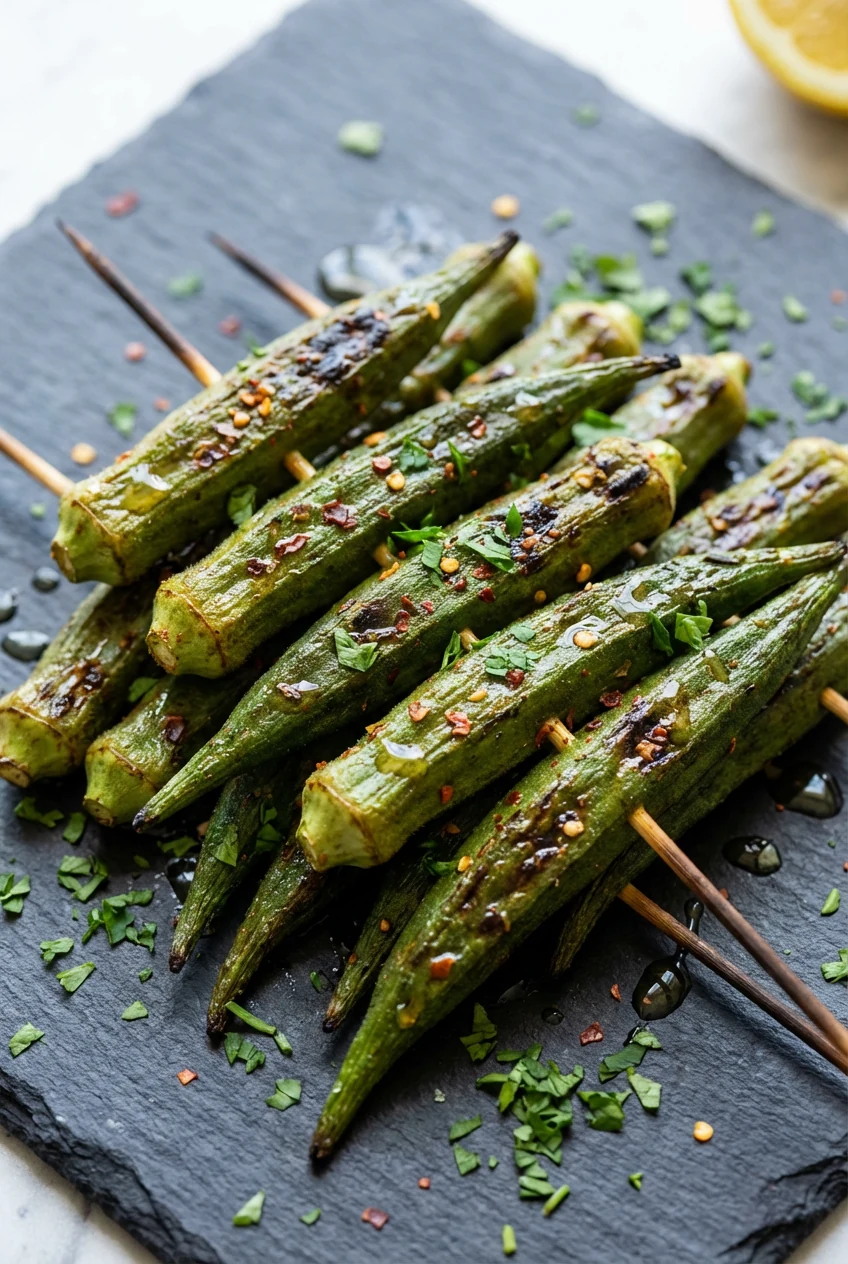 45-degree close-up of grilled okra skewers, charred ridges and chili, finished with a squeeze of lemon and a light honey