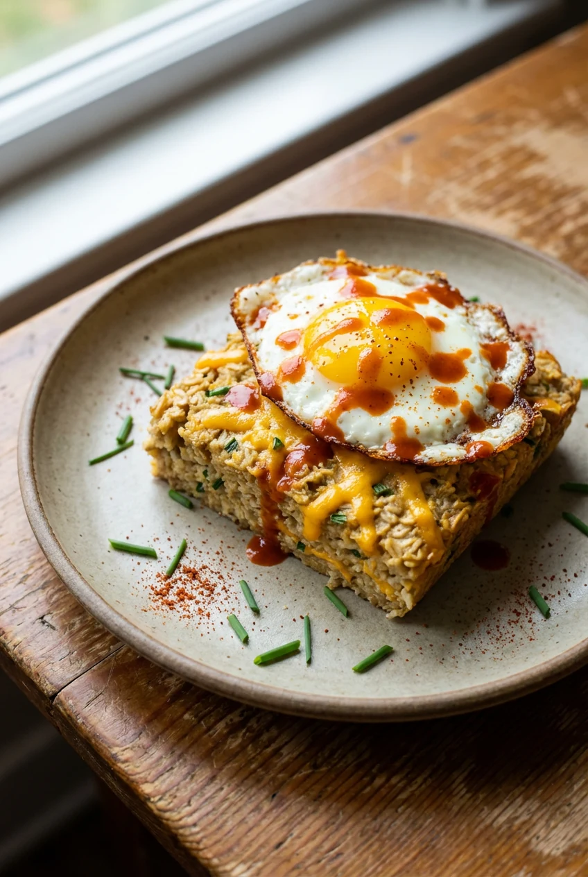 Final plated: Savory Cheddar Chive baked oatmeal square on matte ceramic plate, topped with fried egg and hot sauce driz