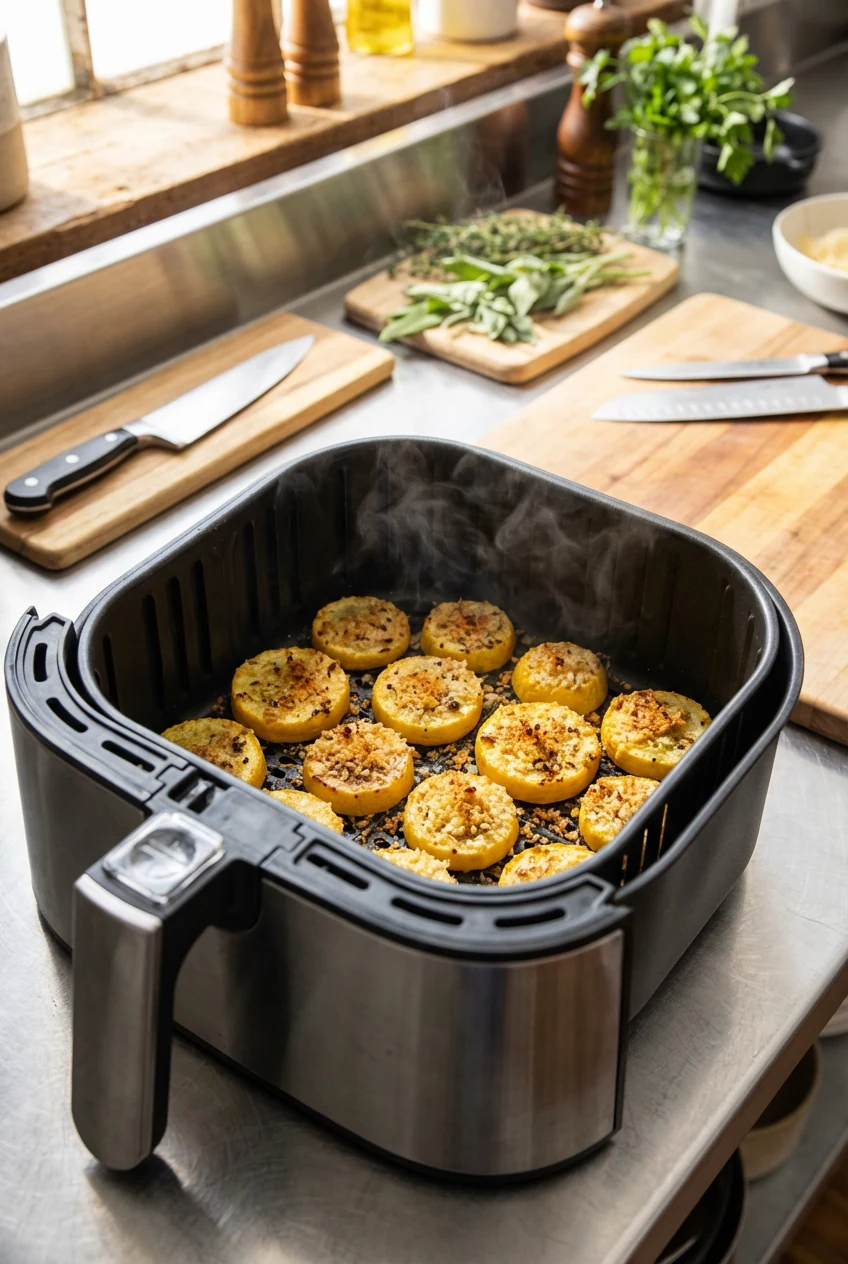 Air fryer cooked yellow squash rounds with Parmesan-panko topping, basket uncrowded, even golden browning; add topping a