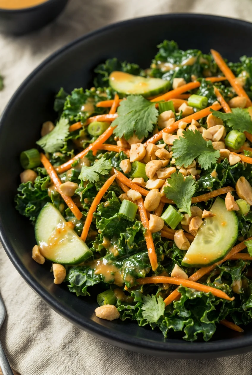 4. Close-up detail: Spicy Peanut-Lime Kale Slaw—macro of glossy peanut-lime dressing clinging to tender kale with shredd