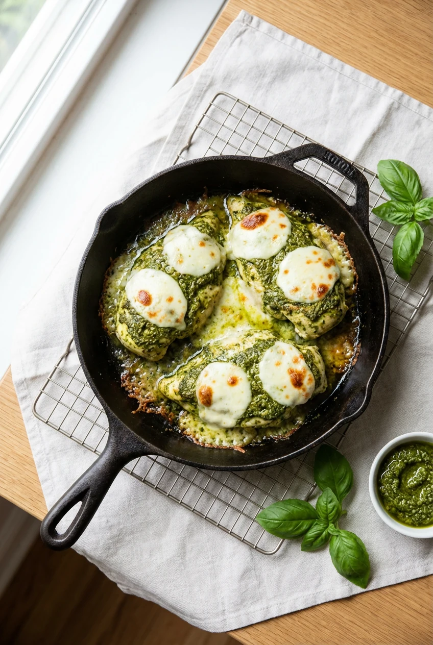 4. Tasty top view of the Pesto Mozzarella variation: chicken bathed in basil pesto with melted, lightly browned mozzarel