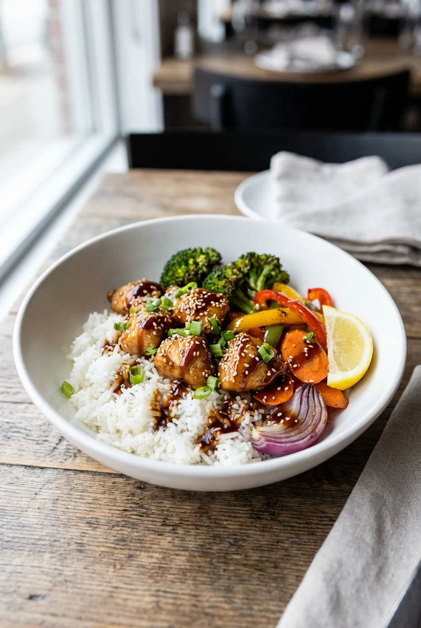 Beautifully plated bowl of honey garlic chicken over fluffy white rice, topped with roasted broccoli, bell peppers, carr