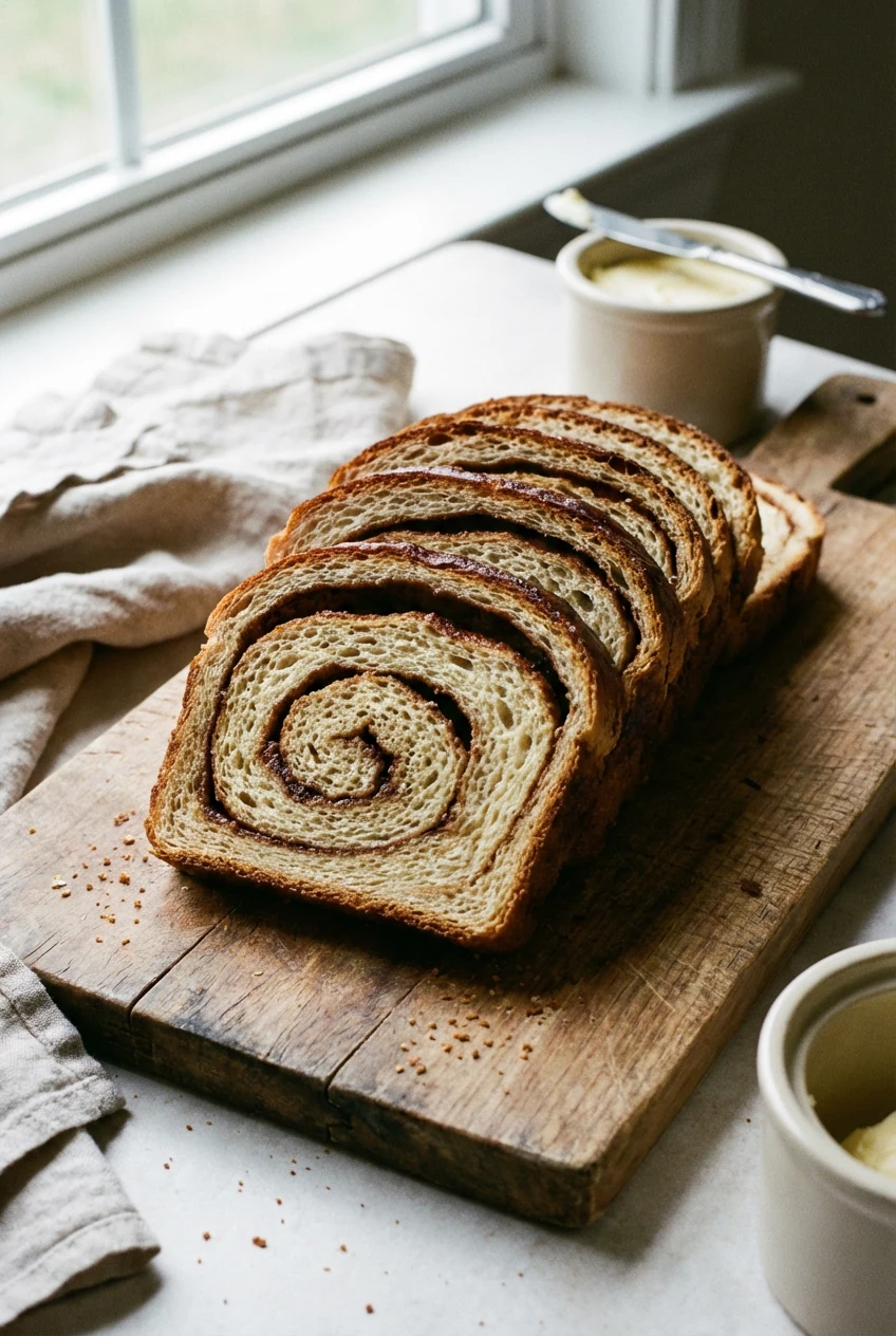 Final presentation: cinnamon swirl breakfast loaf sliced and fanned on a wooden board, burnished crust, tight cinnamon-s