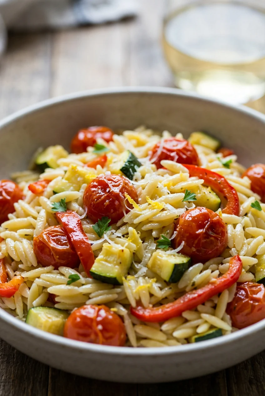 4. Close-up of glossy finished orzo and veg—flecks of lemon zest, halved cherry tomatoes, tender zucchini and red bell p