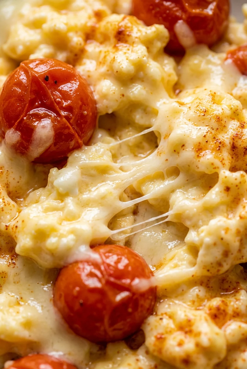 Macro close-up of the scramble’s texture: soft cottage-cheese–boosted egg curds with a glossy finish, strings of melted 