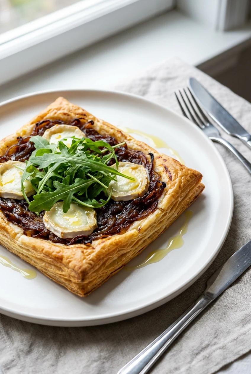 Final plated savory puff pastry tart with caramelized onions and goat cheese, topped with fresh arugula and a light oliv