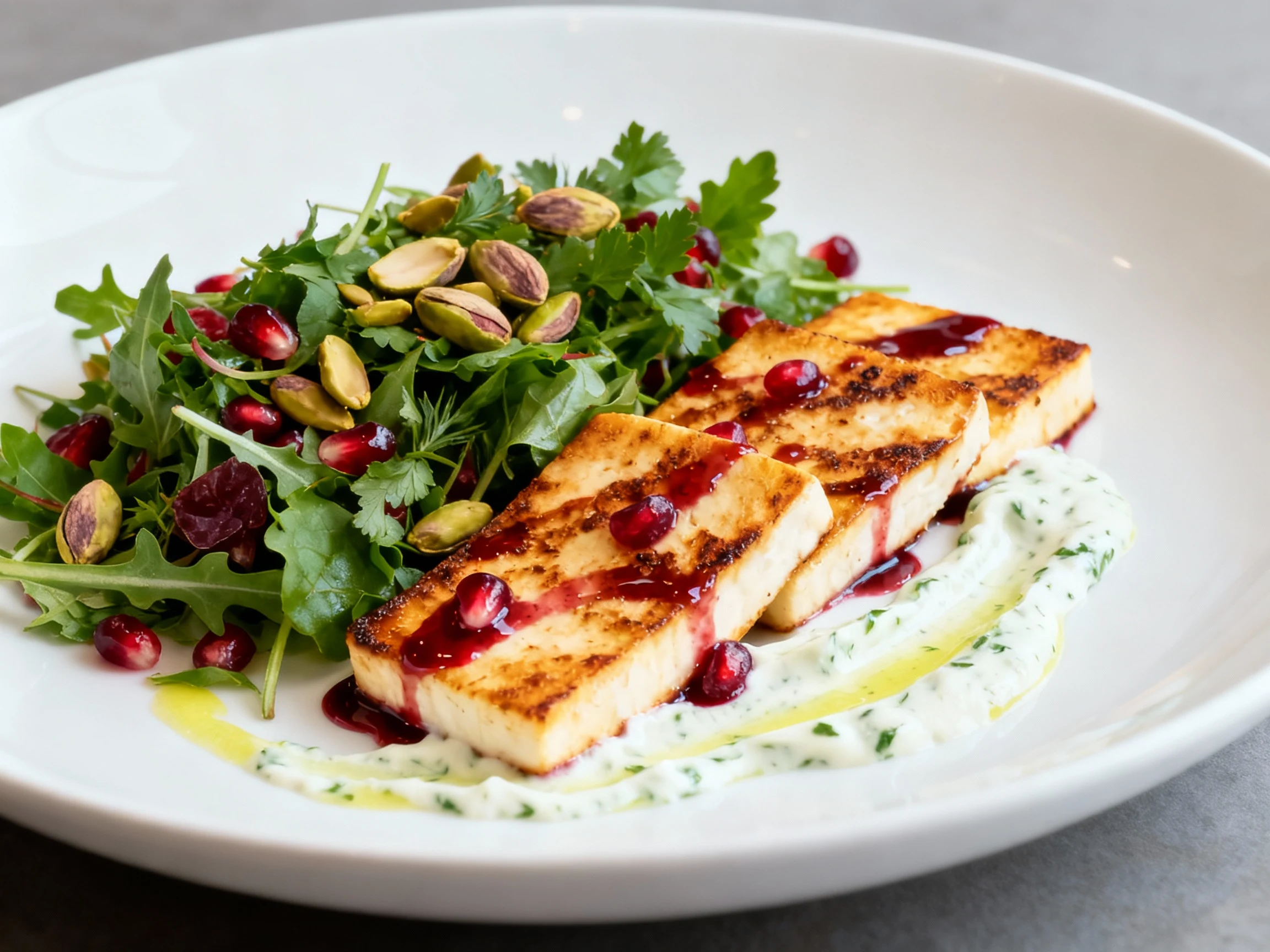 Food photography, Beautifully plated vegetarian halloumi variation: golden seared halloumi brushed with pomegranate mola