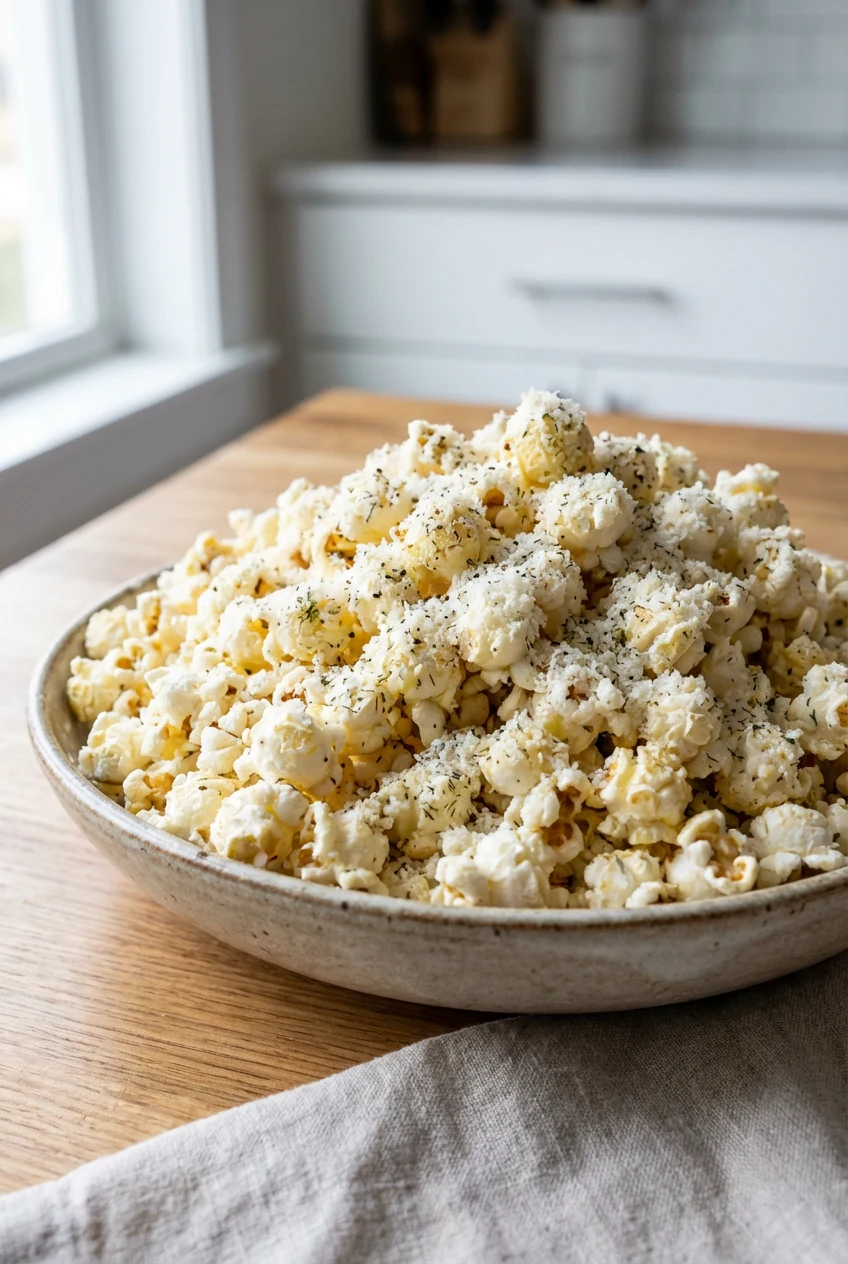 Final presentation of Garlic-Parmesan Ranch popcorn in a shallow ceramic bowl—snowy finely grated Parmesan clinging to k