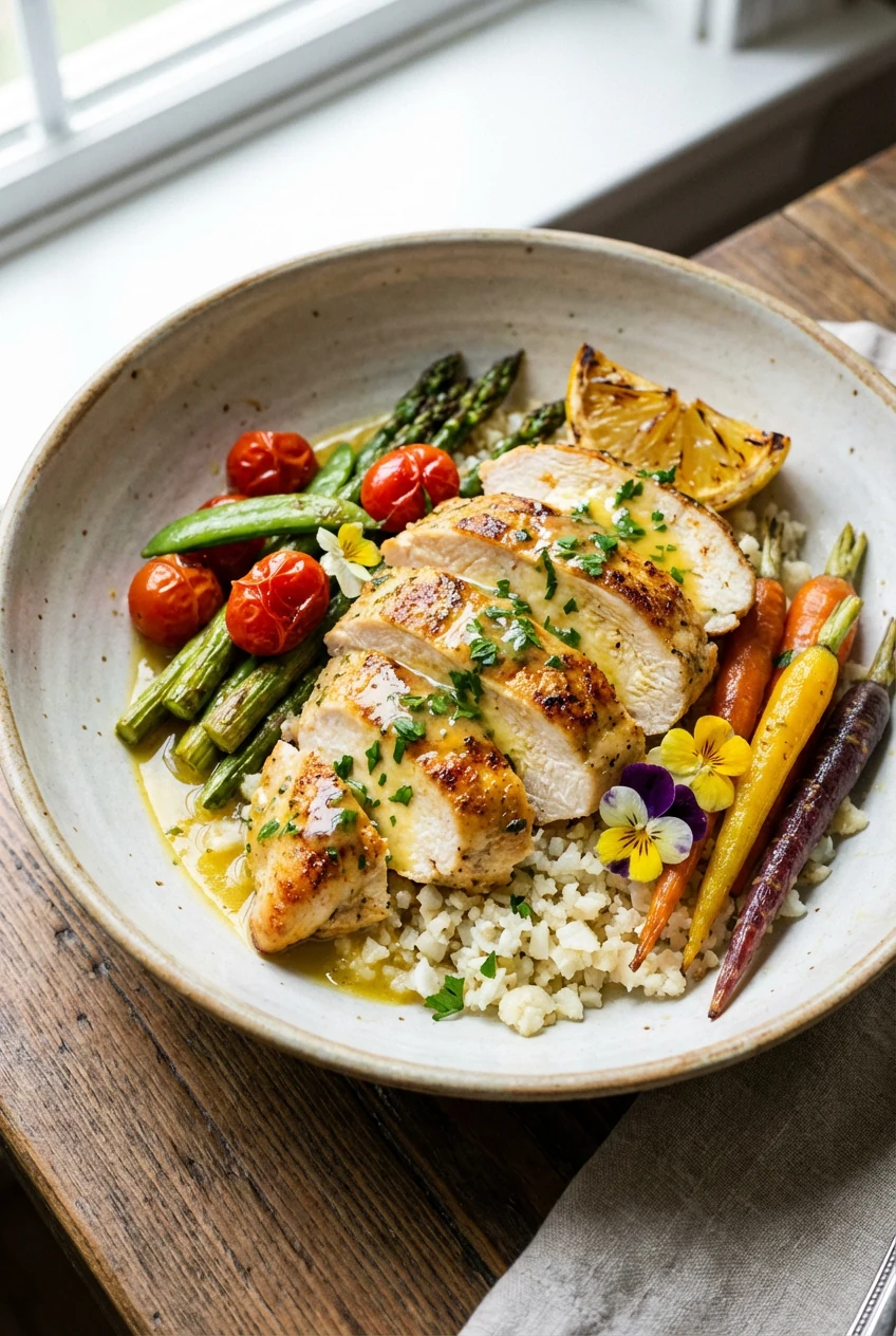 4. Beautifully plated lemon chicken bowl in a wide ceramic bowl with cauliflower rice base; chicken fanned, vibrant vegg