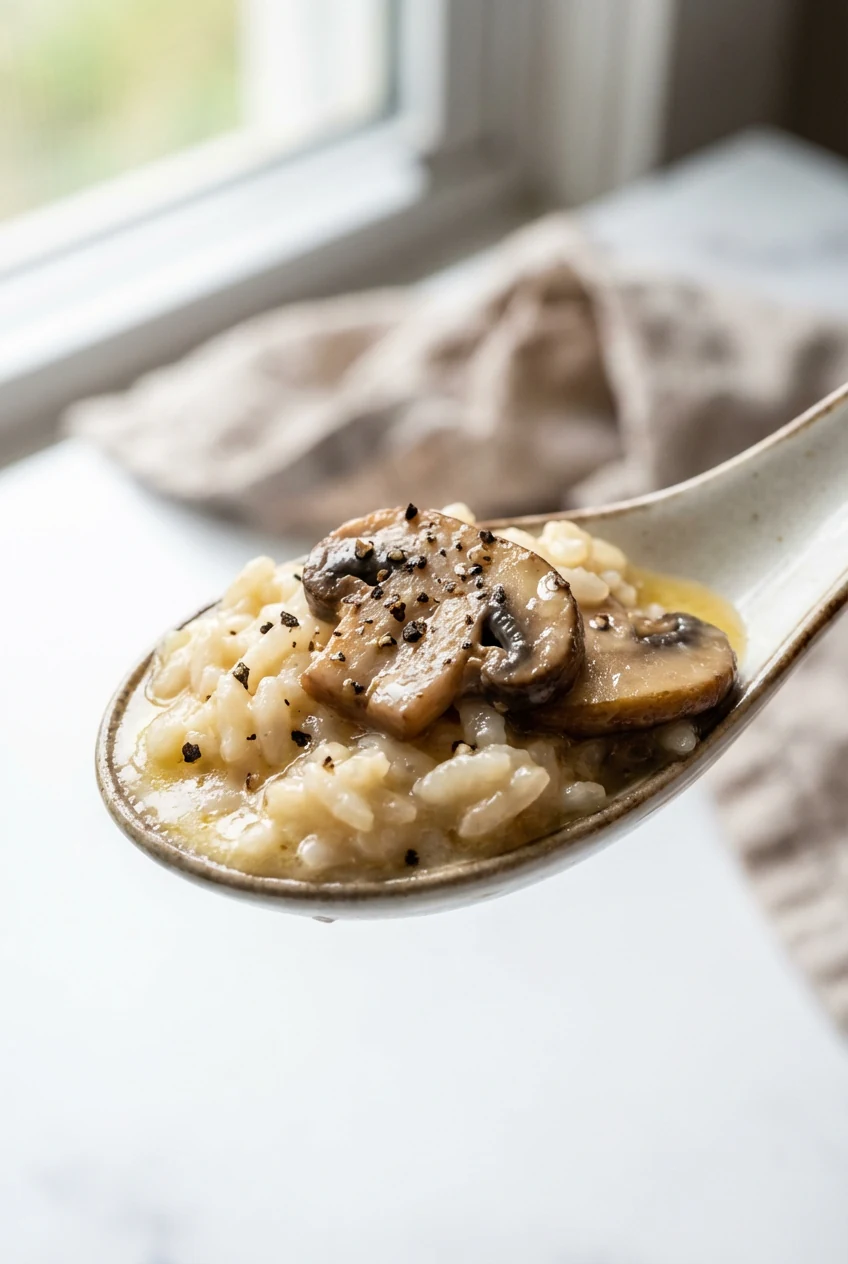 Close-up of creamy Mushroom Parmesan “Risotto” cheat: arborio rice with melted Parmesan and butter sheen, tender sliced 