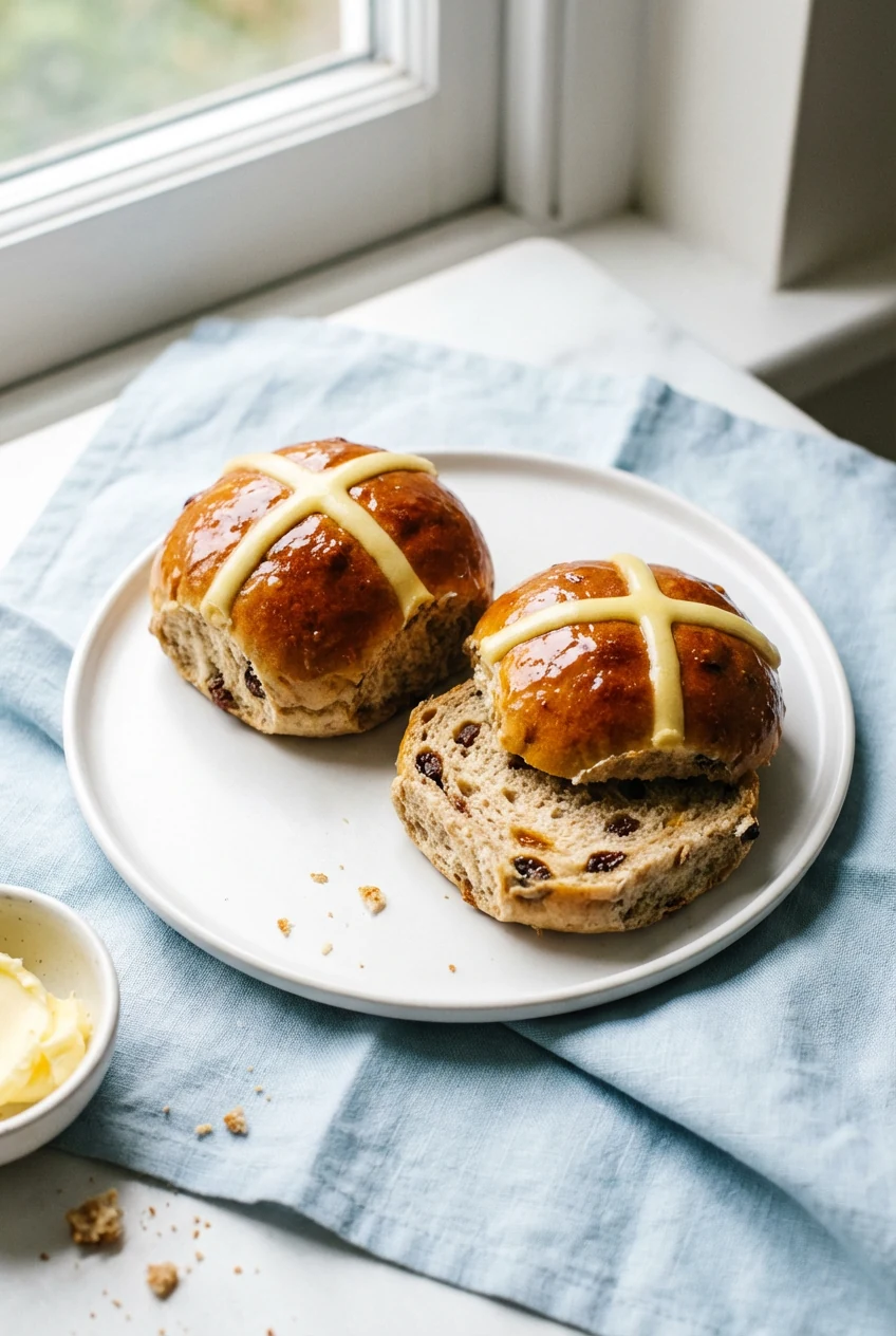 4. Final dish presentation: two bakery-style hot cross buns on a matte white plate, glossy apricot glaze and well-define