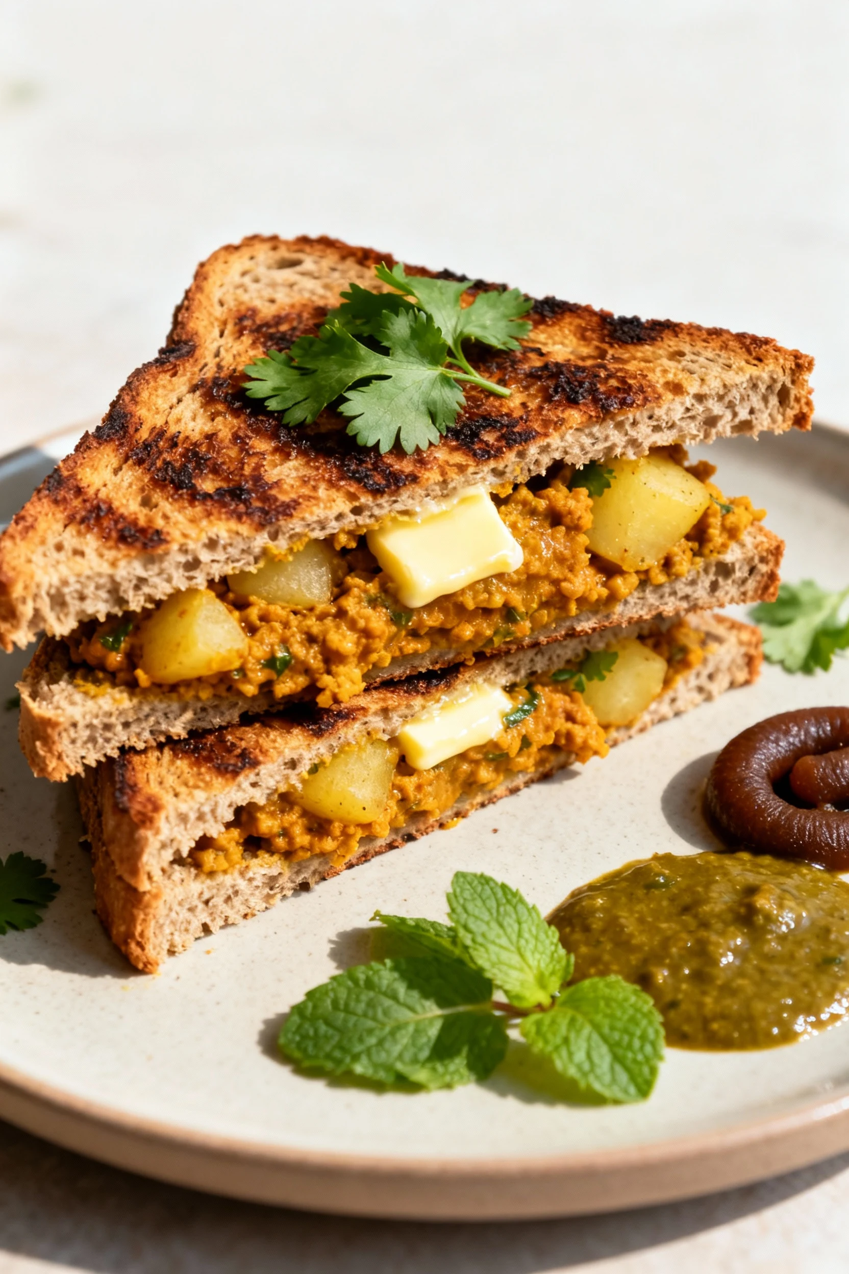 Final dish: masala toast—diagonally cut whole-grain slices piled with mashed masala base and potato, pan-toasted to deep