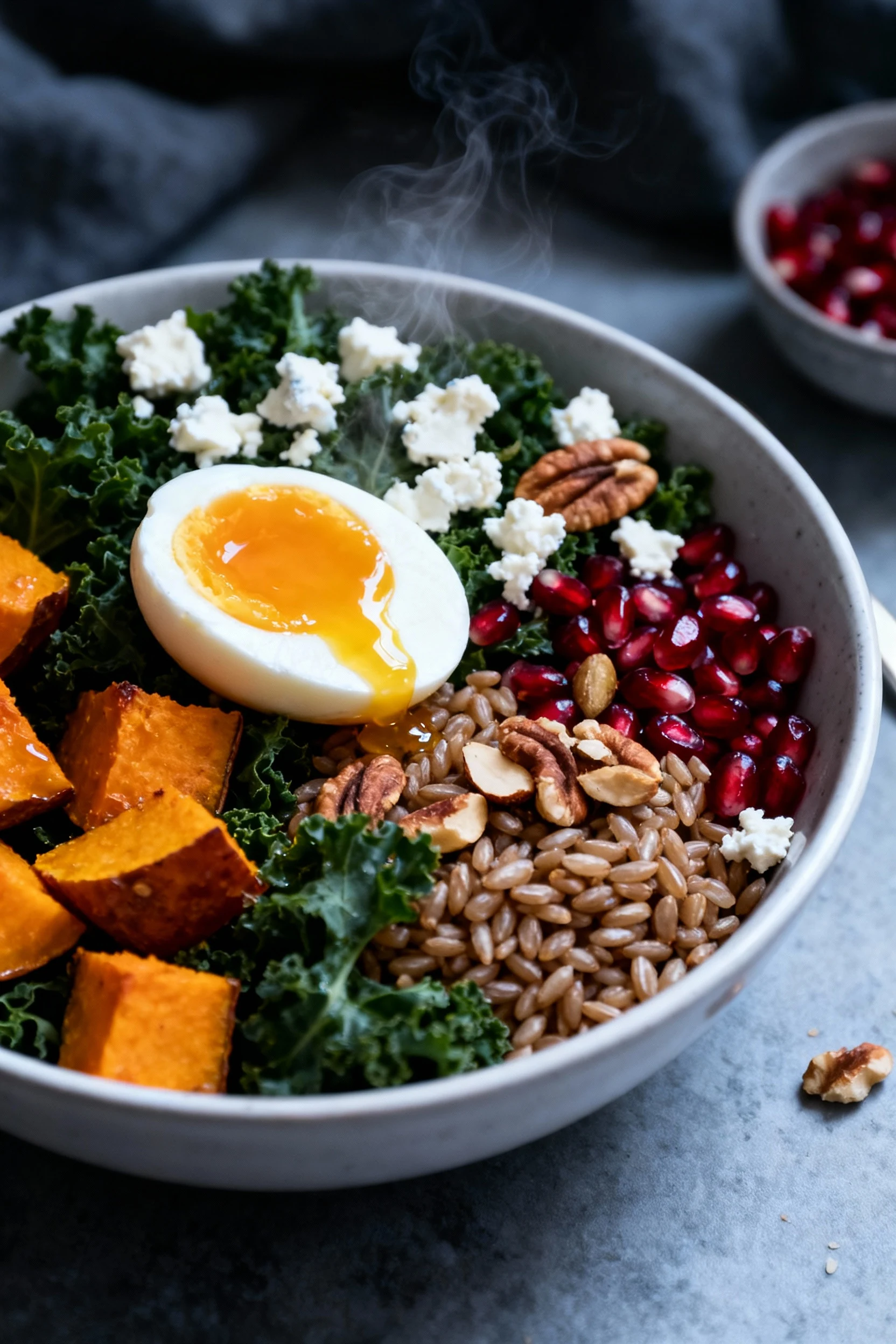 Final presentation: restaurant-quality bowl showing warm–cold contrast—kale, chewy farro, roasted squash, pomegranate, t
