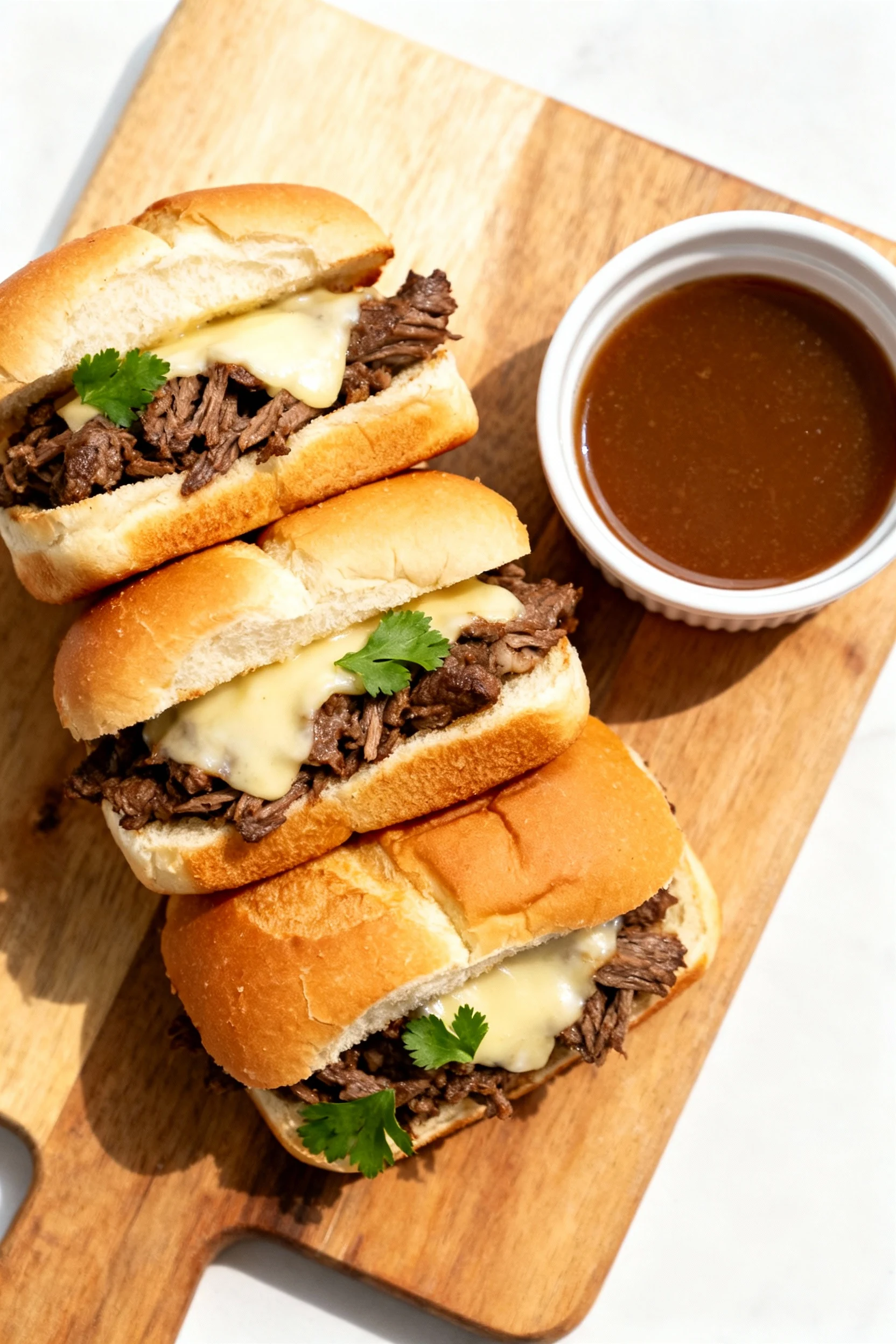 Top-down shot of French dip sandwiches: toasted rolls piled with juicy slow-cooker beef and melted provolone, ramekin of