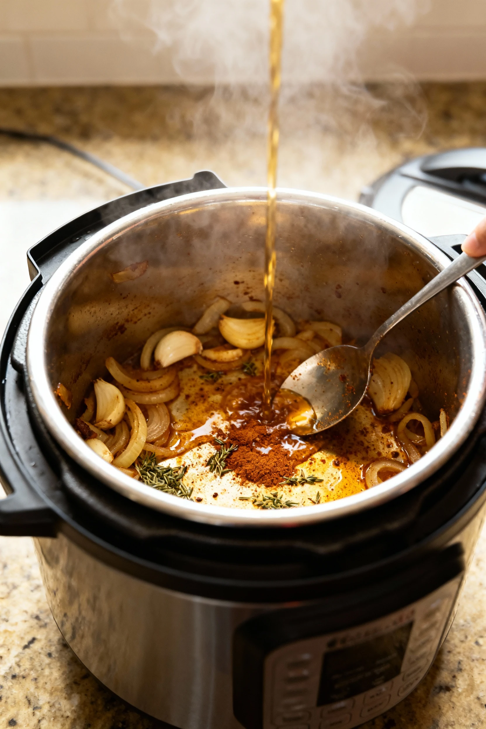 Cooking process: deglazing fond in the pressure cooker—caramelized onions and garlic, oregano and smoked paprika stained