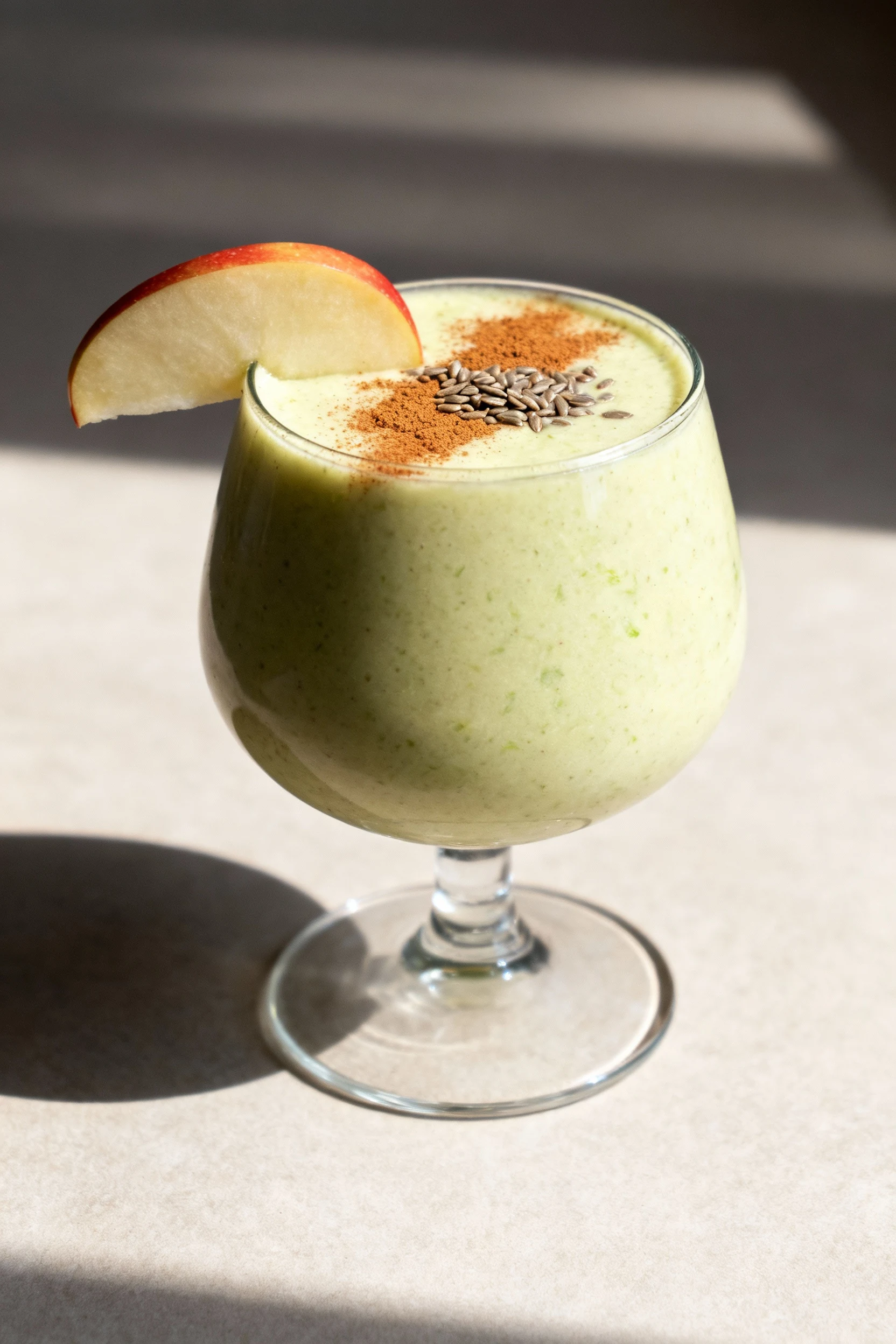 Final presentation of Apple Pie Greens smoothie: creamy sage-green romaine–apple blend in a stemless glass, cinnamon dus