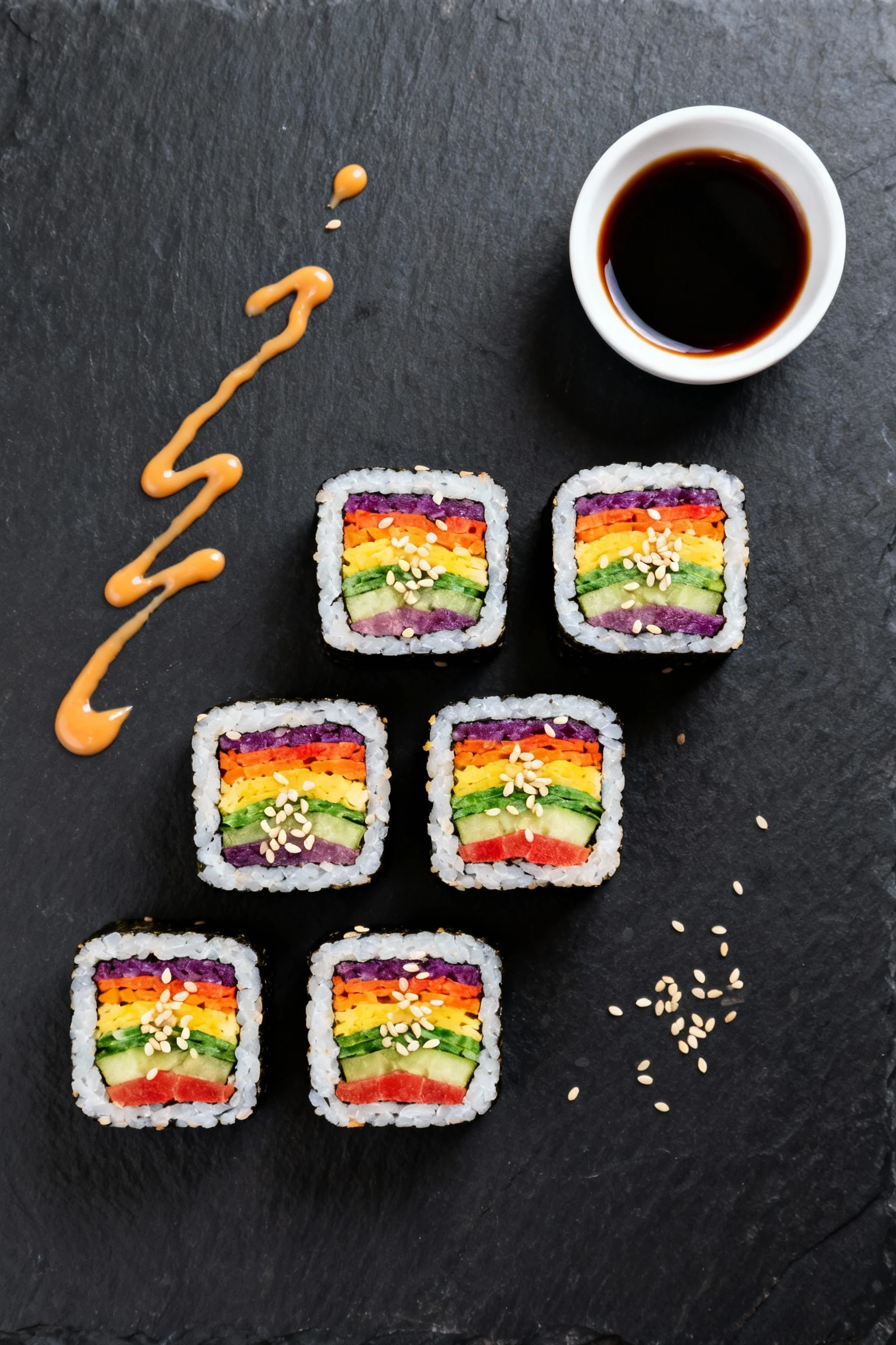 Overhead final presentation of Rainbow Veggie Sushi Bites on dark slate: neatly arranged pieces with clean edges, colorf