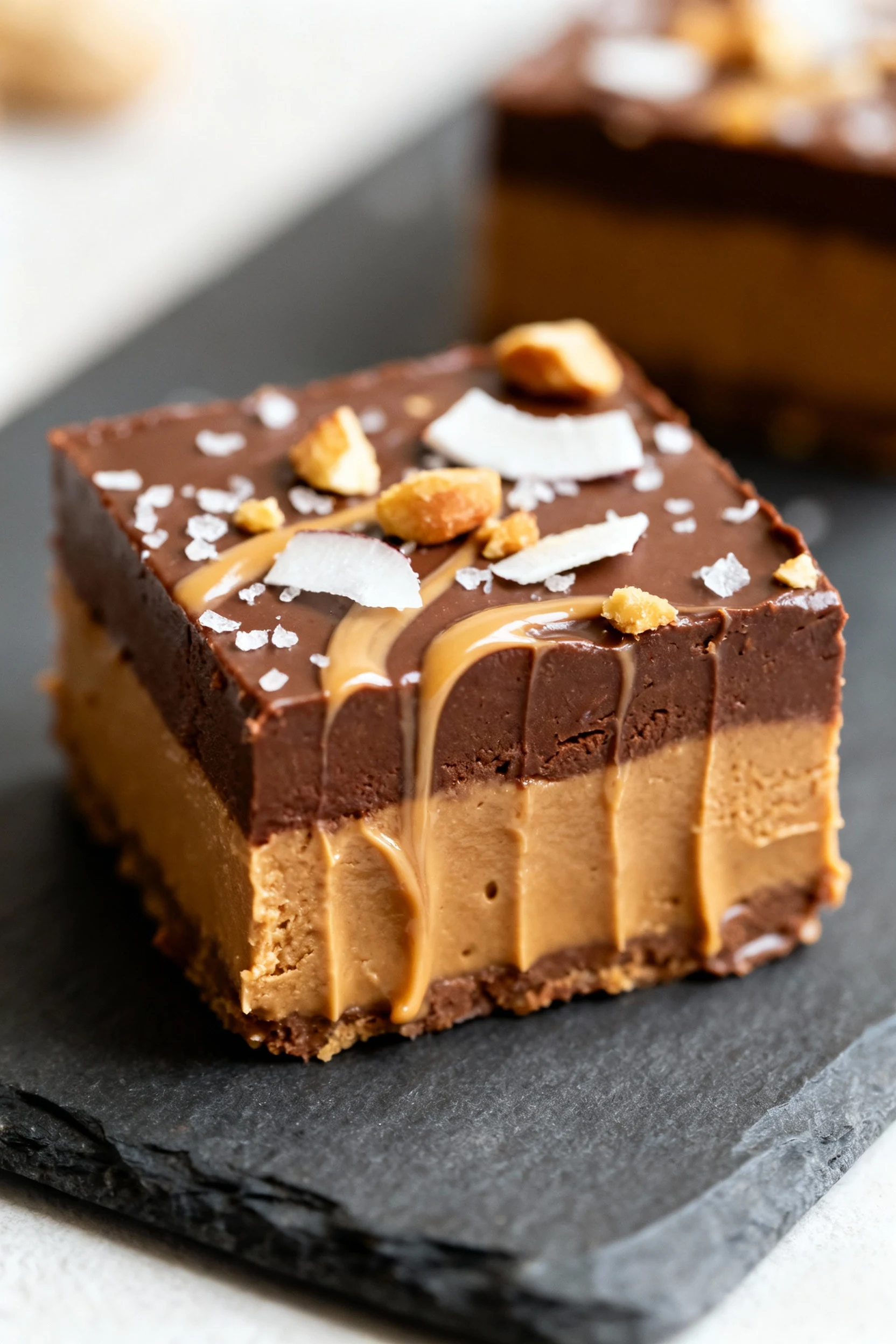 Close-up detail: Neatly cut square of chocolate peanut butter freezer fudge showing a silky, dense interior and glossy s
