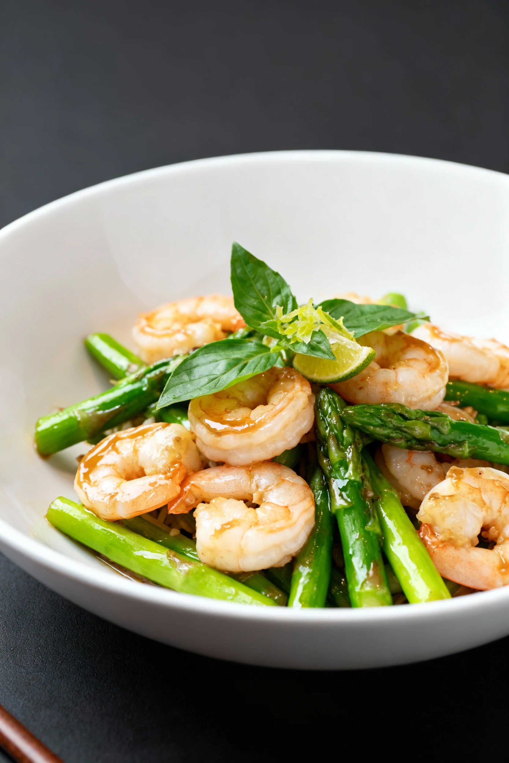 4. Final dish presentation: Shrimp and asparagus Thai basil stir-fry, shrimp curled and opaque with bright green spears,