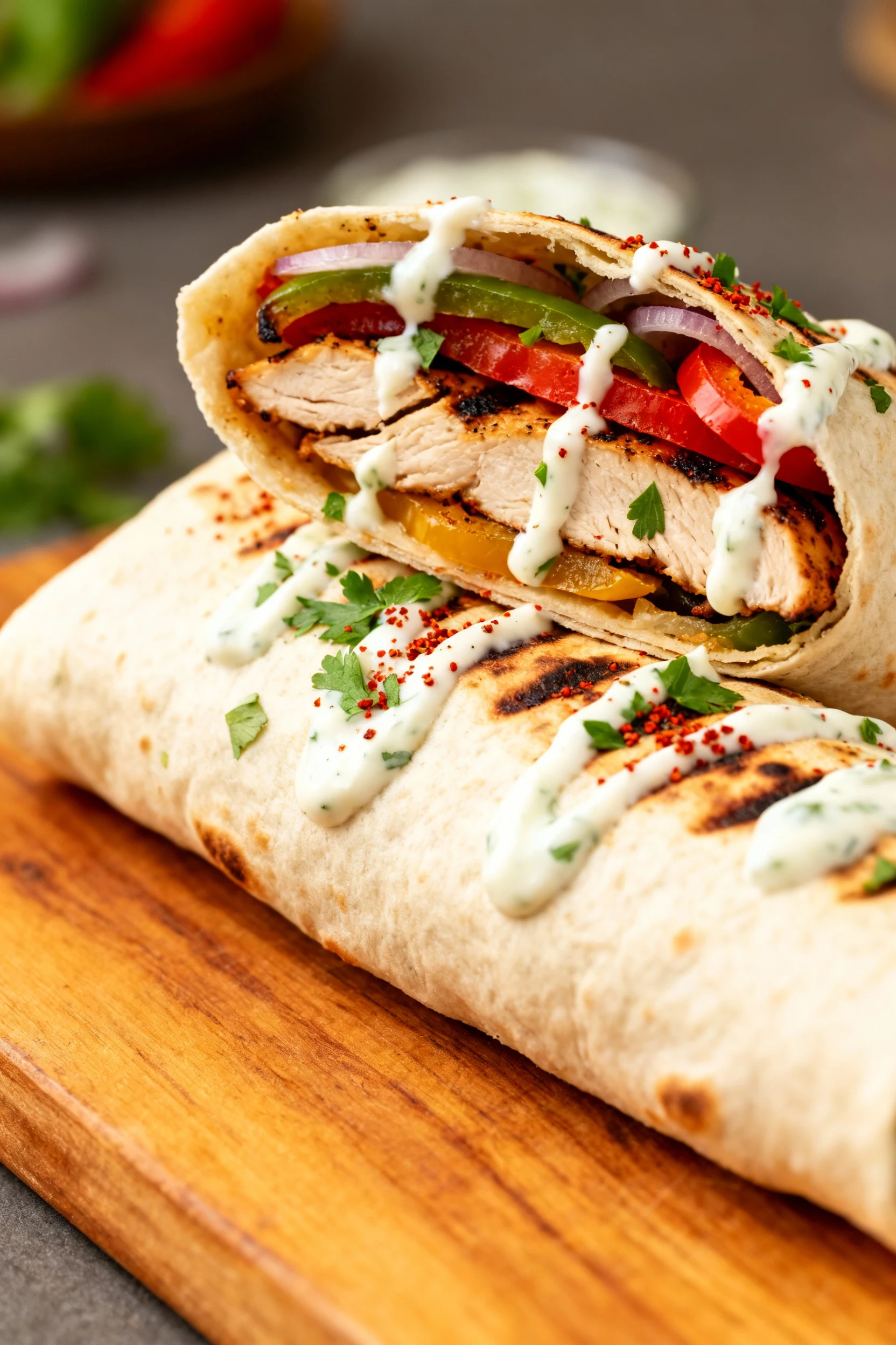 Final presentation: lavash dürüm wrap stuffed with sliced charred chicken, peppers, and onions, drizzled with yogurt–gar