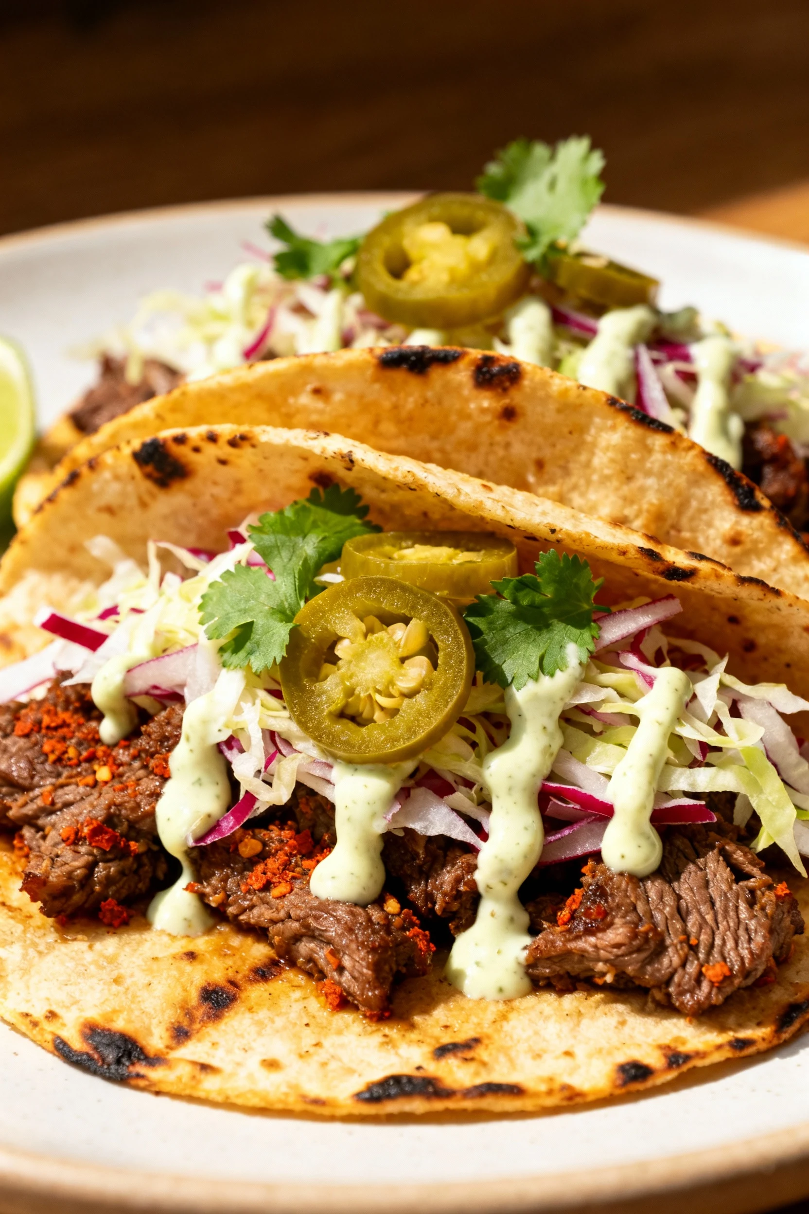 Street-style corned beef tacos final presentation, three-quarter angle: charred tortillas filled with paprika-cumin saut