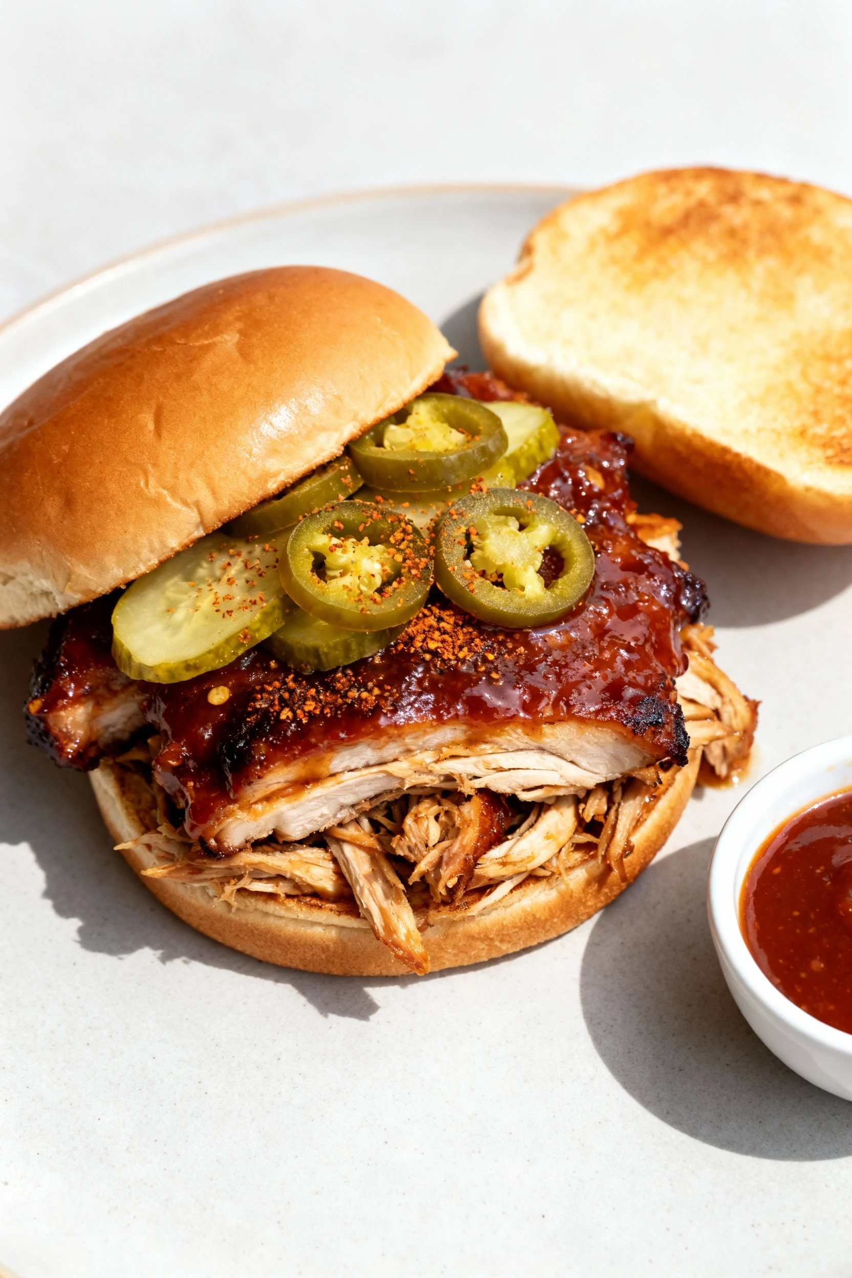 Top-down of toasted buns loaded with saucy pulled rib or sliced chicken thigh, sticky glaze, pickles and jalapeño rings,