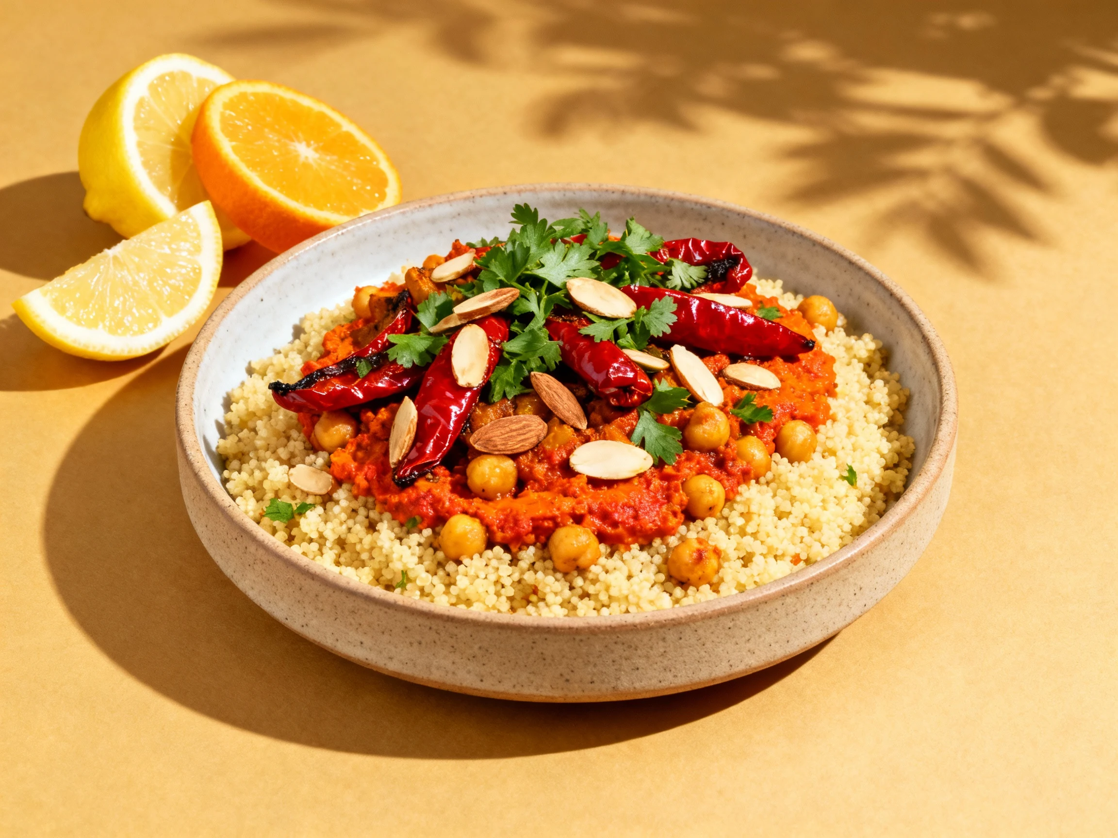 Food photography, Beautifully plated Smoky Harissa veg and chickpea couscous bowl with roasted red peppers, vibrant red–