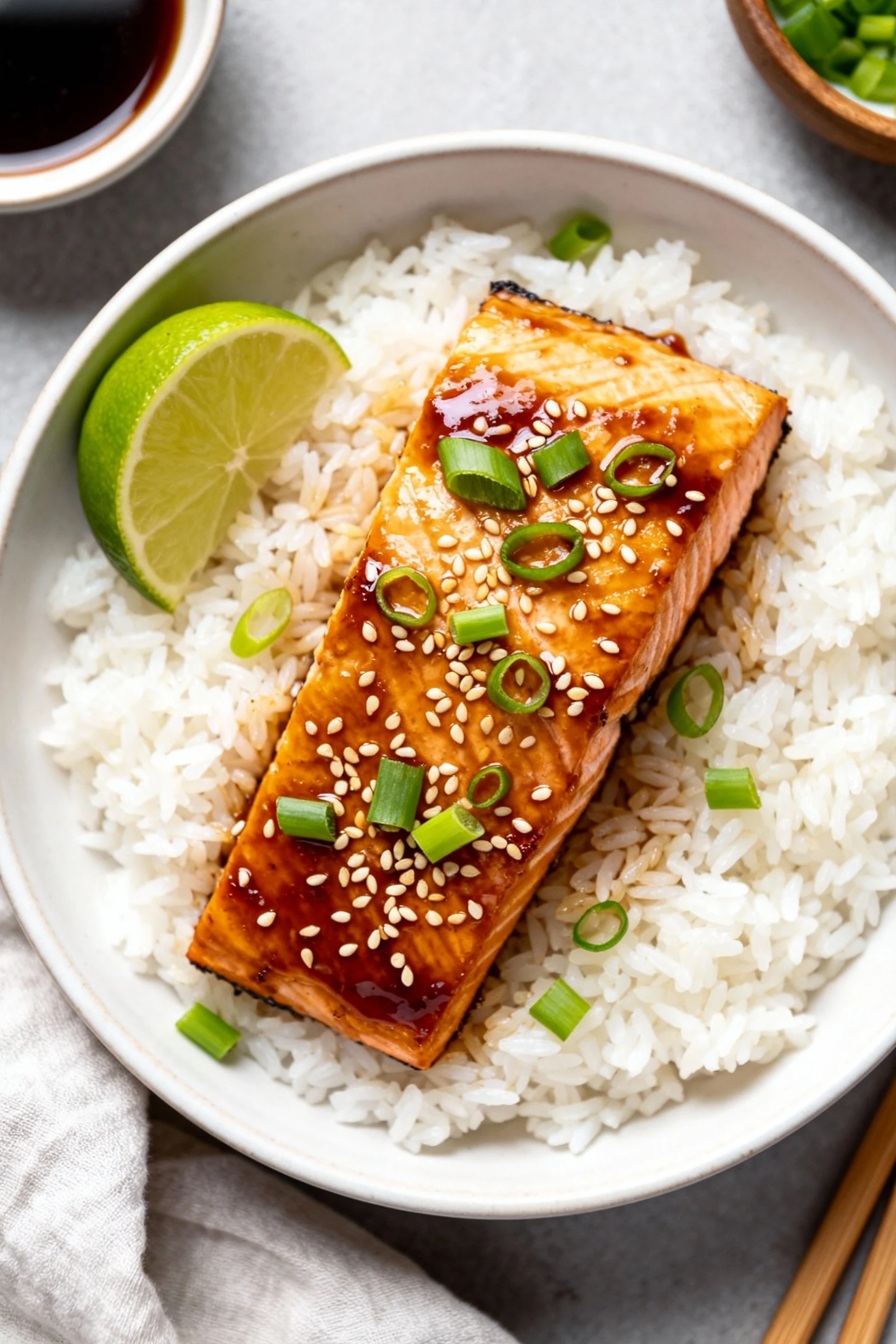 Overhead shot of Soy Ginger air-fryer salmon with lacquered umami glaze, sesame seeds and sliced scallions, served over 