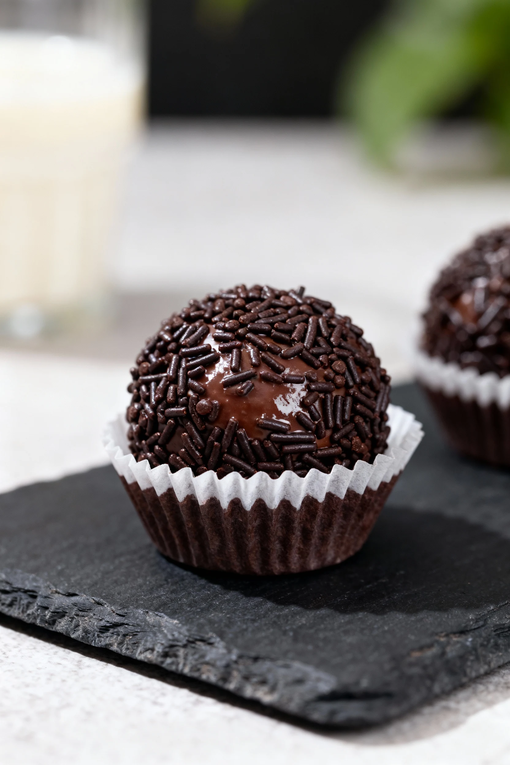 Close-up of brigadeiro truffles (condensed milk cocoa candies): glossy centers rolled in dark chocolate sprinkles, nestl