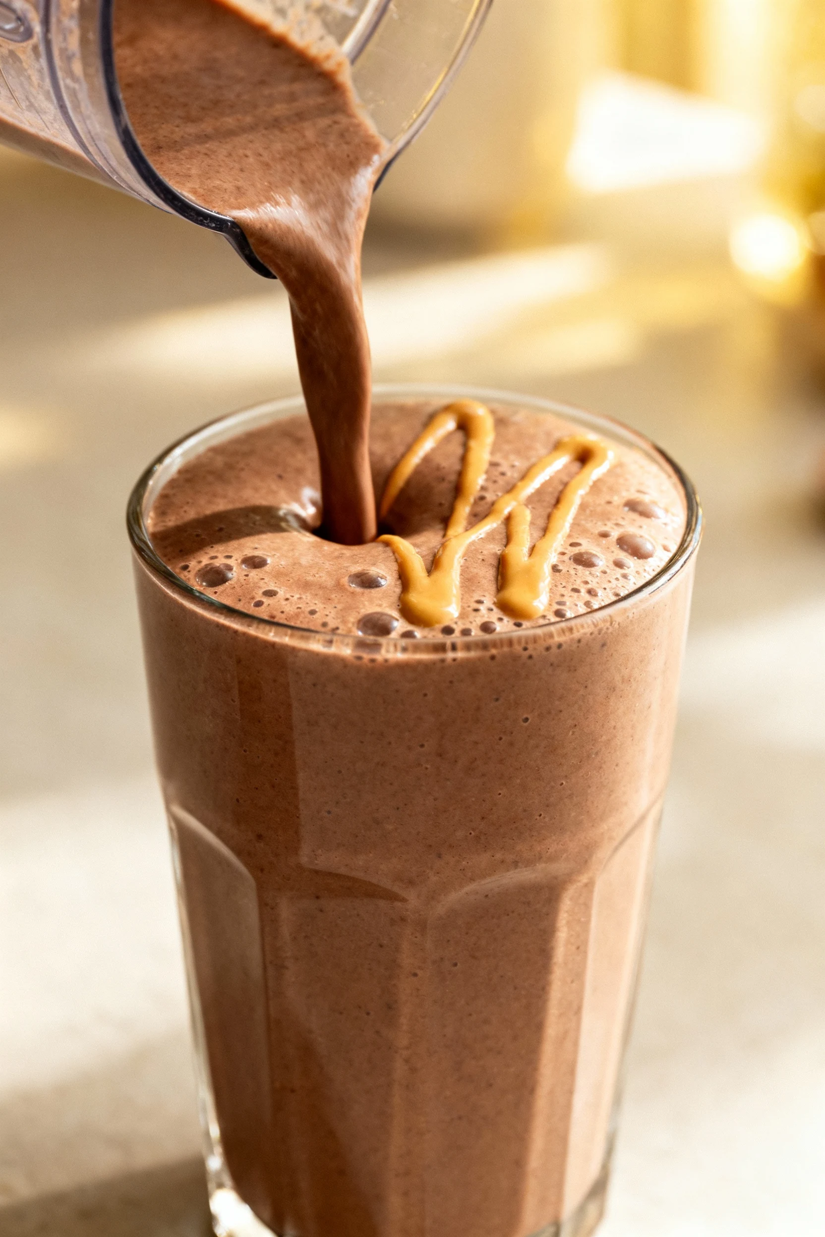 Action shot of Chocolate PB Recovery smoothie being poured from blender into a tall glass, rich cocoa-brown color with s