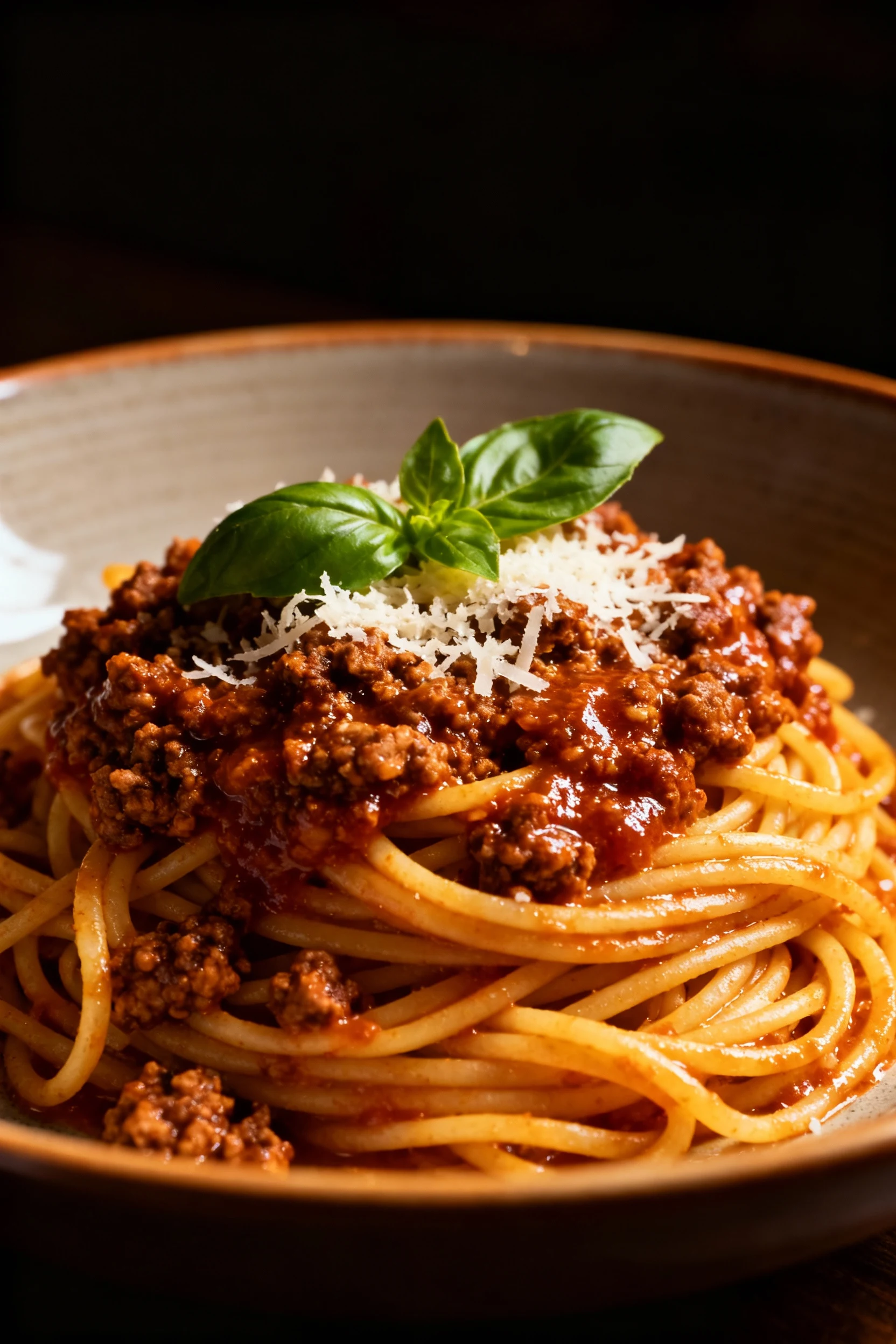 Restaurant-quality presentation of Italian-style ground beef pasta, twirled spaghetti topped with rich beef sauce, garni