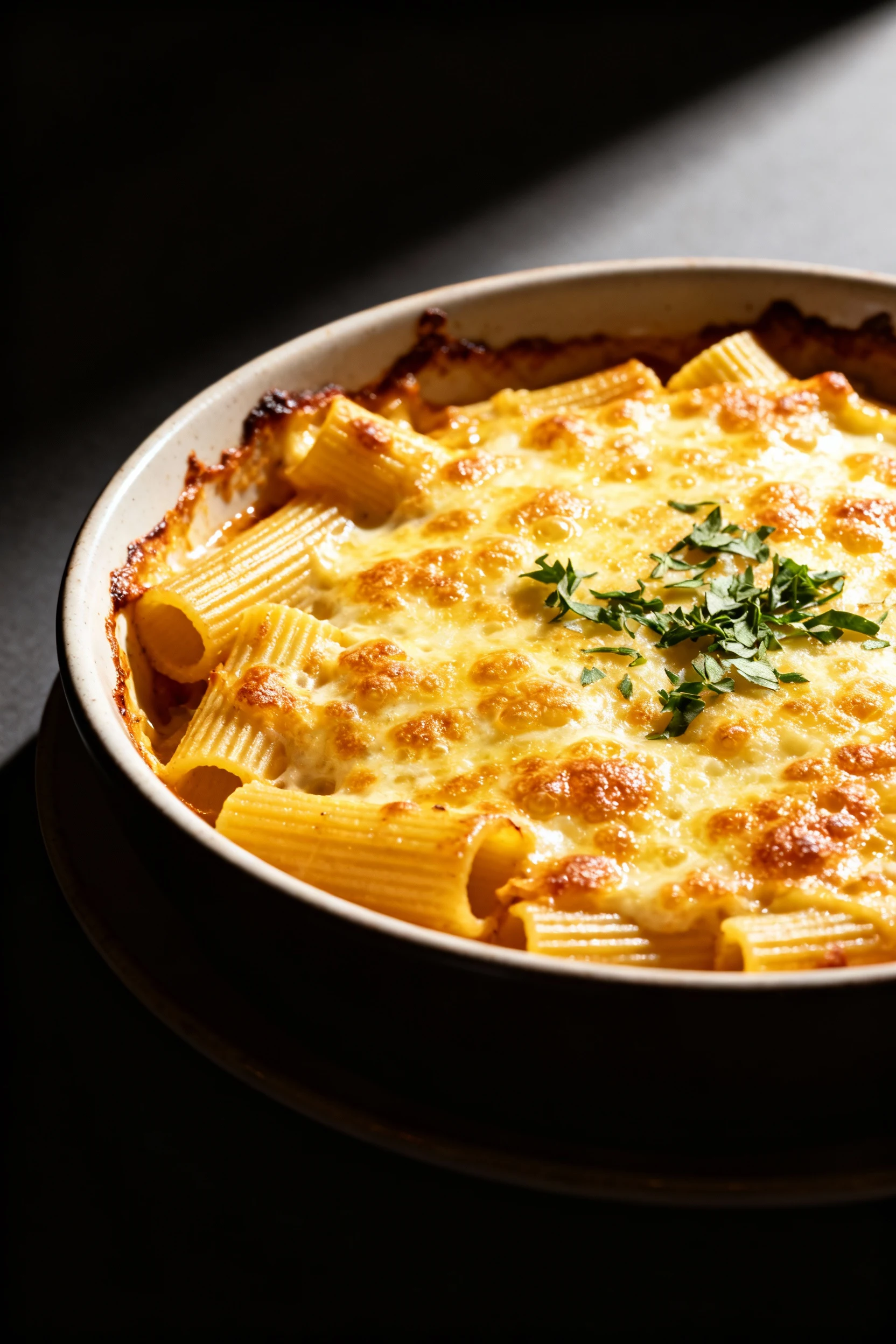 Elegant restaurant-style plating of baked rigatoni in a shallow porcelain dish, golden cheese crust bubbling on top, spr