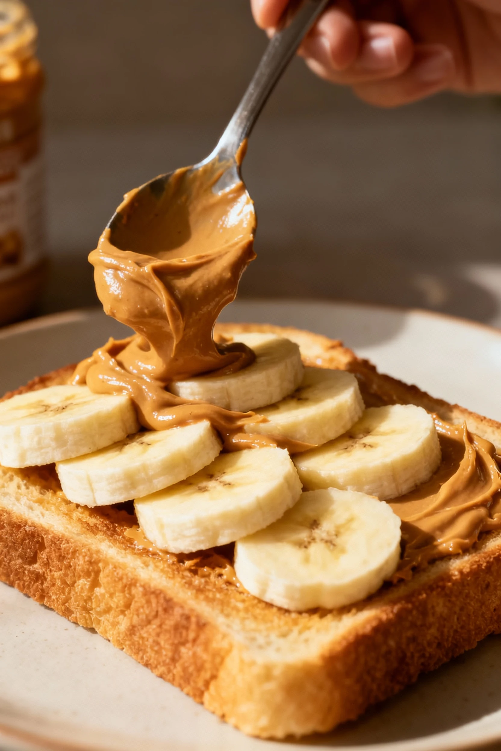 Peanut butter banana toast being assembled, spoon spreading creamy natural peanut butter on warm toasted bread, topped w