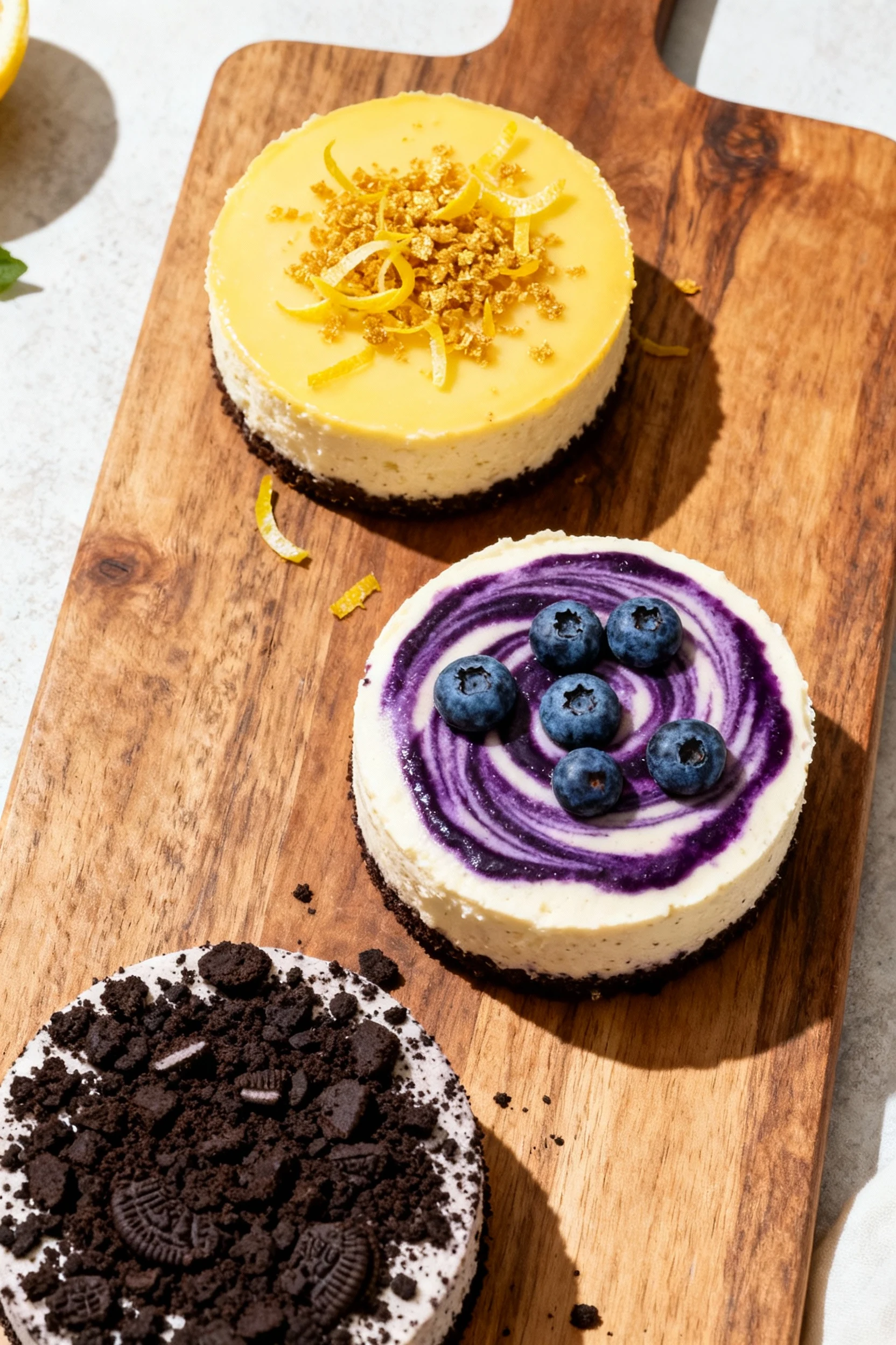 Top-down view of assorted no-bake cheesecake variations displayed on a wooden serving board — lemon zest garnish, bluebe