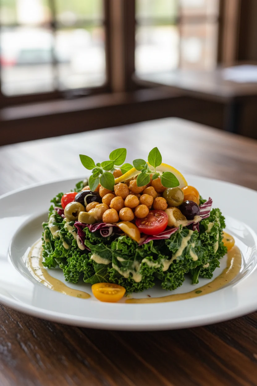 Restaurant-style plating of a Mediterranean twist salad variation, featuring olives, chickpeas, and lemon-oregano dressi