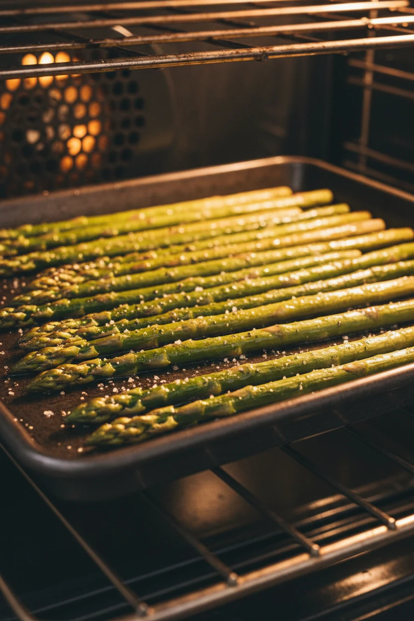 Baked asparagus halfway through roasting, photographed inside the oven with golden tips beginning to brown and olive oil
