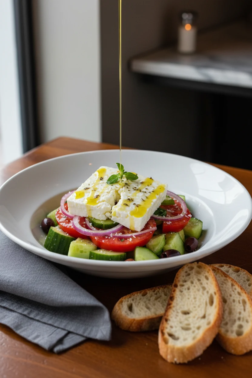 Elegant restaurant-style presentation of Greek salad in a wide, white ceramic bowl with a drizzle of extra virgin olive 