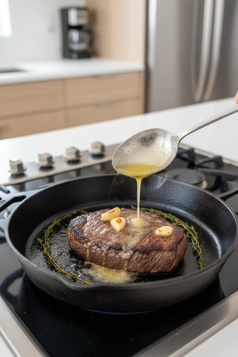 Cooking process shot of filet mignon in skillet being basted with melted butter, garlic cloves, and thyme, spoon mid-act
