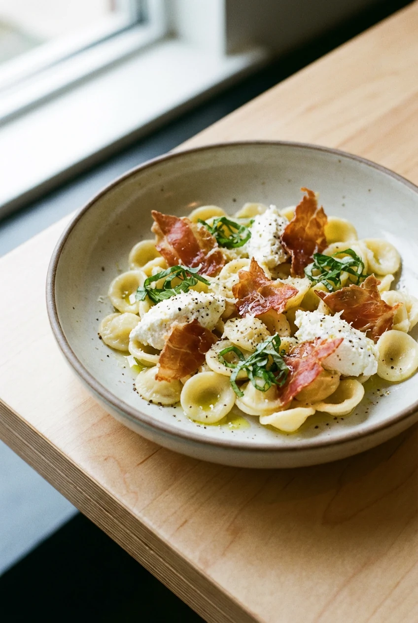 Beautifully plated orecchiette with crispy prosciutto shards, ricotta dollops, herb chiffonade, a drizzle of extra-virgi