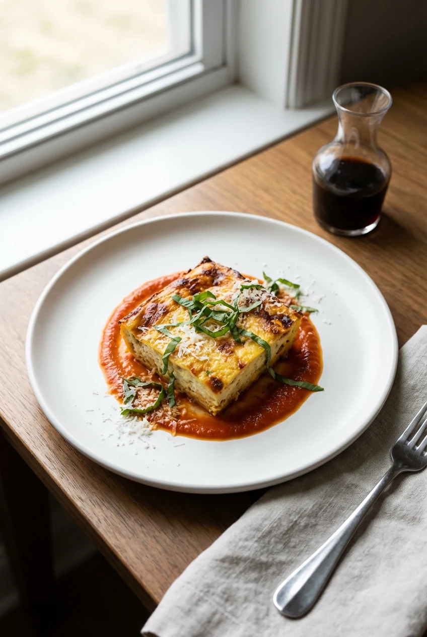Beautifully plated serving: a small square of the turkey–ricotta bake centered on a matte white plate with a thin ribbon